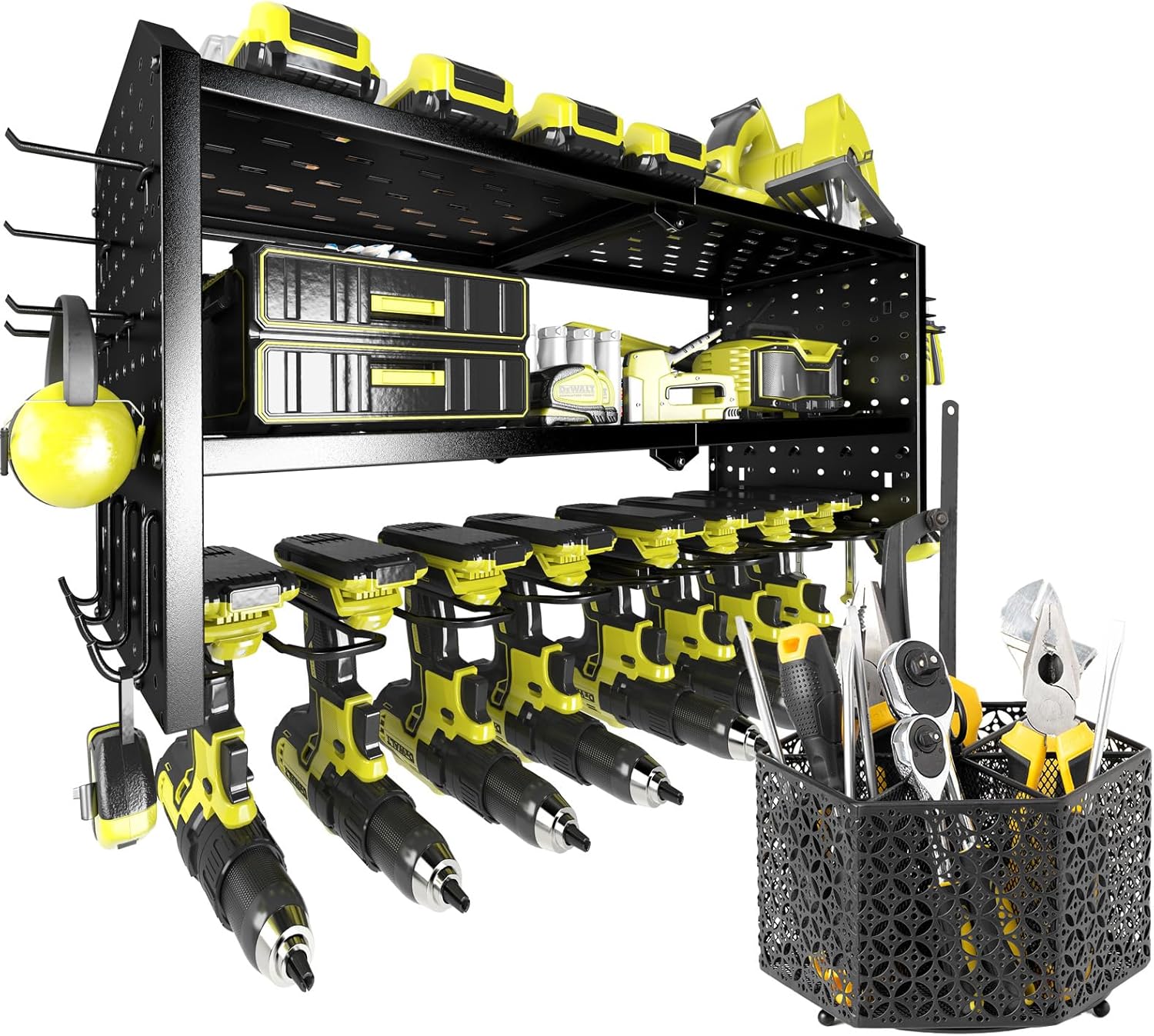 BRAND, CATEGORY, KAFAHOM, STORAGE RACKS, KAFAHOM Power Tool Organizer，Large 8 Drill Holder Wall Mount with 2 Side Pegboards，360° Rotating Tool Storage Rack for Desktop Workbench,Hand Tool Stand Holder