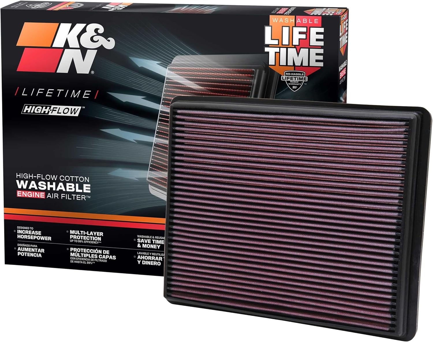 AIR FILTERS, BRAND, CATEGORY, K&N, K&N Engine Air Filter: Increase Power & Towing, Washable, Premium, Replacement Air Filter: Compatible 1999-2019 Chevy/GMC Truck/SUV V6/V8 (Silverado, Suburban, Tahoe, Sierra, Yukon, Avalanche) 33-2129