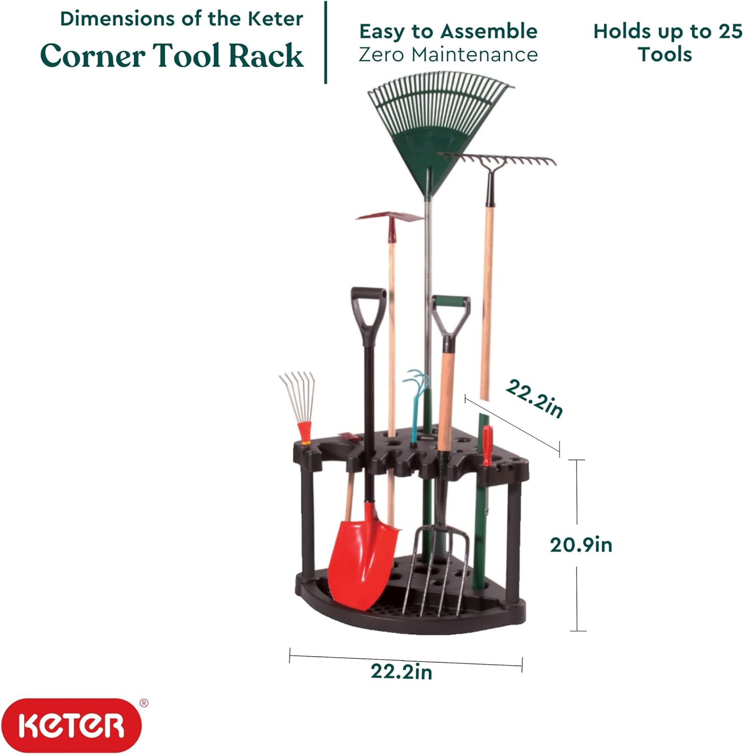 BRAND, CATEGORY, KETER, STORAGE RACKS, Keter Compact Corner Tool Rack for Maximum Storage and Organization - Easy to Assemble and Organize 25 Long-Handled Garden Tools, Rakes, Brooms, Shovels and Accessories