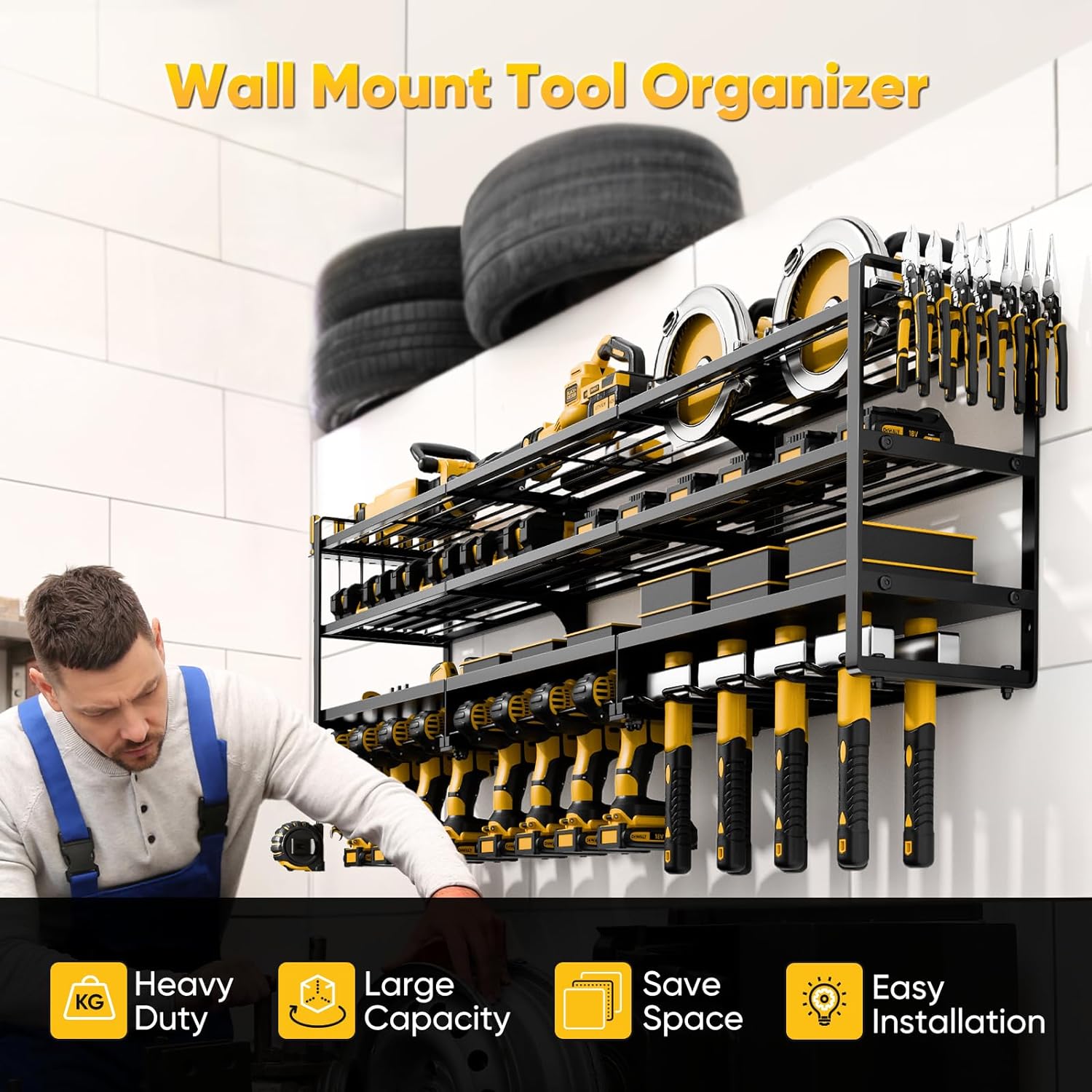 BRAND, CATEGORY, POKIPO, STORAGE RACKS, Large Power Tool Organizer Wall Mount, Heavy Duty 4 Tier 12 Drill Holder, Garage Tool Organizer and Storage, Suitable Tool Rack for Workshop, Workbench