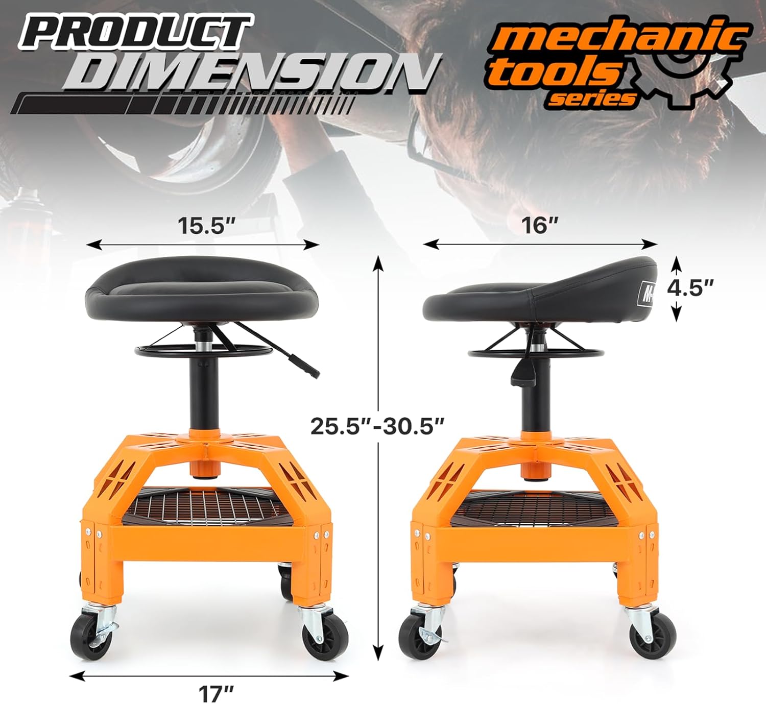 BRAND, CATEGORY, M-AUTO, ROLLER SEATS, M-AUTO Padded Seat Mechanic Stool with Wheels, 18”-23” Height Adjustable Swivel Mechanics Seat with Tool Organizer Tray for Garage and Garden, 300lbs Capacity