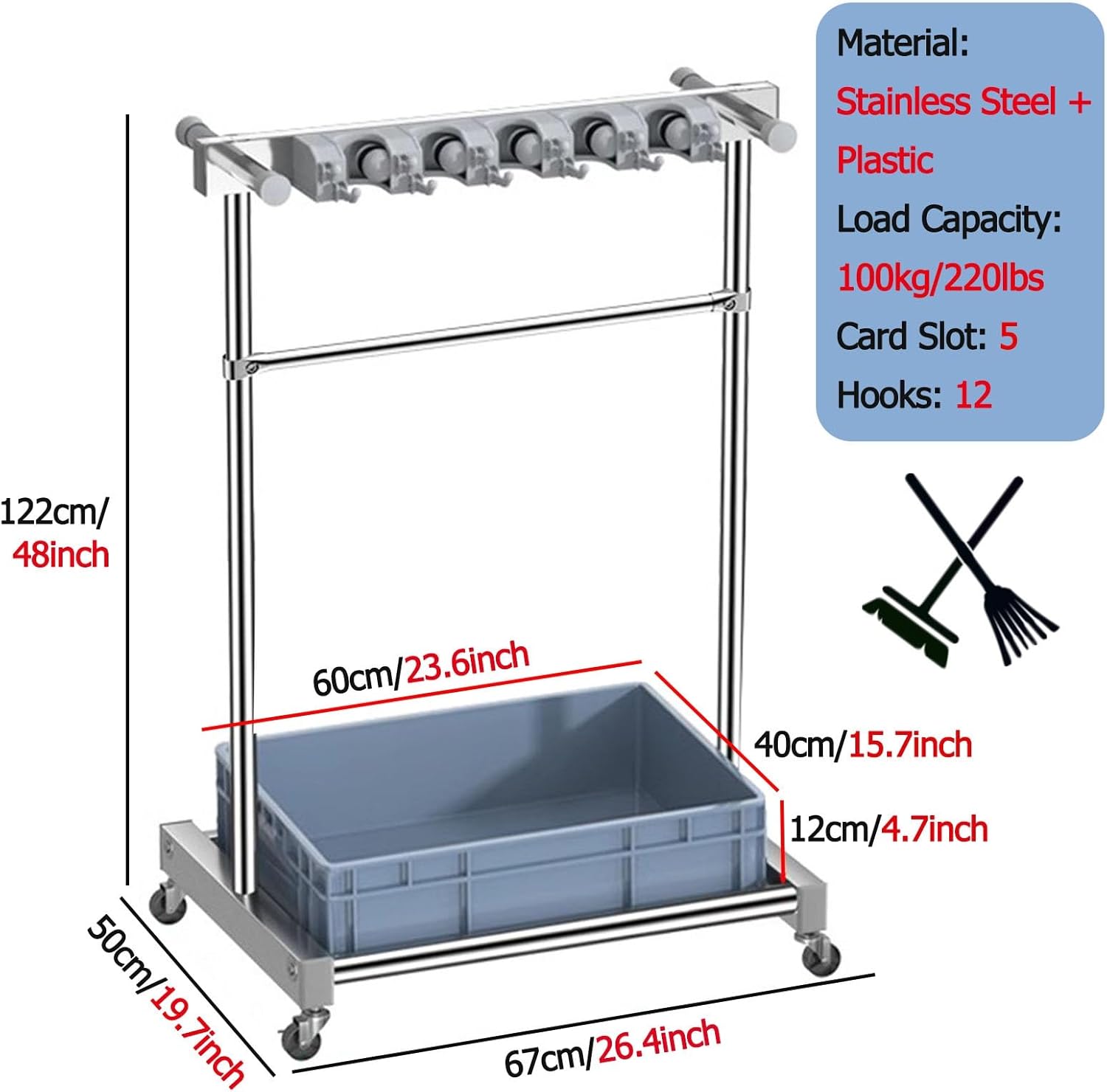 BRAND, CATEGORY, INDOOR SKI STORAGE, YXXSDP, Mop Hanger Holder with Rolling Wheels, Industrial Steel Freestanding Broom Storage Utility Rack, Home/ Garage/ Garden/ Yard Tool Cart, Load 220lbs ( Color : Blue , Size : 97x50x122cm/38.1x19.7x48inch