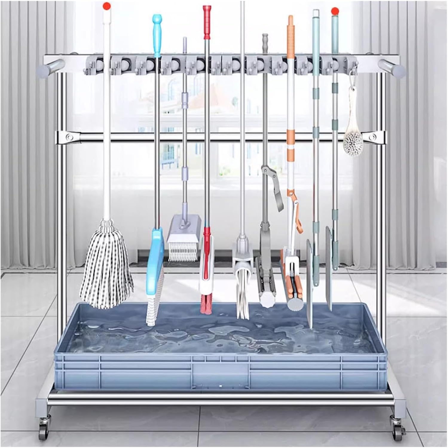 BRAND, CATEGORY, INDOOR SKI STORAGE, YXXSDP, Mop Hanger Holder with Rolling Wheels, Industrial Steel Freestanding Broom Storage Utility Rack, Home/ Garage/ Garden/ Yard Tool Cart, Load 220lbs ( Color : Blue , Size : 97x50x122cm/38.1x19.7x48inch