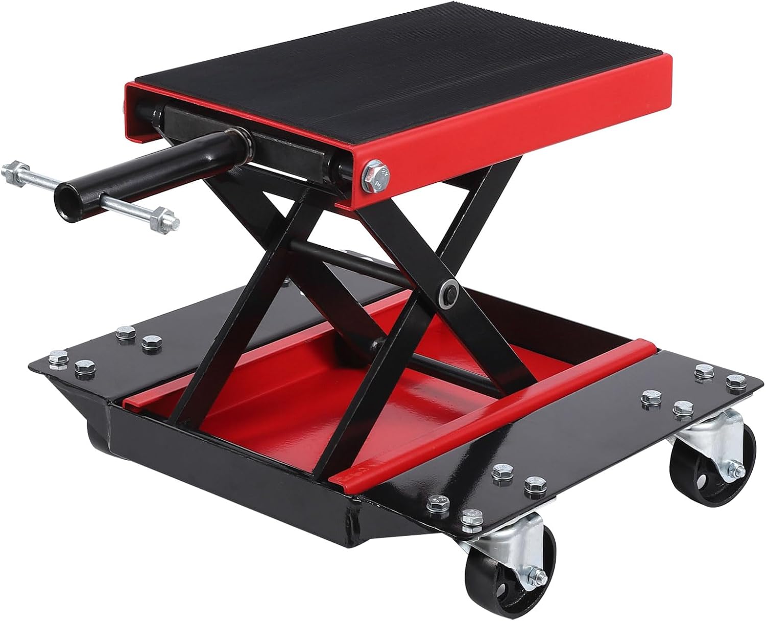 BRAND, CATEGORY, KIMORE, SCISSOR LIFT JACKS, Motorcycle Lift with Casters, 1100 lb Motorcycle Steel Scissor Lift Jack with Wide Deck, Safety Pins, Center Lift Crank Bracket, Thickened Rubber Pads for Motorcycles, ATVs, Touring Cruisers