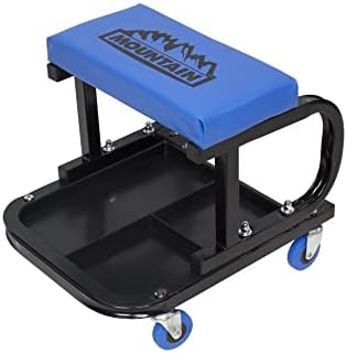 BRAND, CATEGORY, CREEPERS, MOUNTAIN, Mountain 1701 Mechanics Automotive Creeper Seat with Tool Storage for Garages, Repair Shops, and DIY, Padded Seat, 350 lbs. Capacity, Heavy Duty Tubular Steel Frame, (4) Swivel Casters, Black/Blue