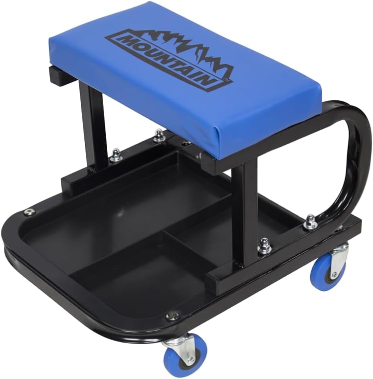 BRAND, CATEGORY, CREEPERS, MOUNTAIN, Mountain 1701 Mechanics Automotive Creeper Seat with Tool Storage for Garages, Repair Shops, and DIY, Padded Seat, 350 lbs. Capacity, Heavy Duty Tubular Steel Frame, (4) Swivel Casters, Black/Blue