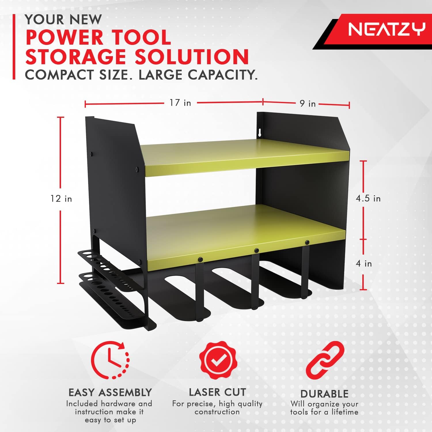 BRAND, CATEGORY, NEATZY, STORAGE RACKS, NEATZY Power Tool Organizer - Drill Holder with Magnetic Bar – Easy Installation & Metal Cordless Drill Storage Tool Rack – Garage Organizers and Storage Holds Drills, Power Tools, & More (Green)