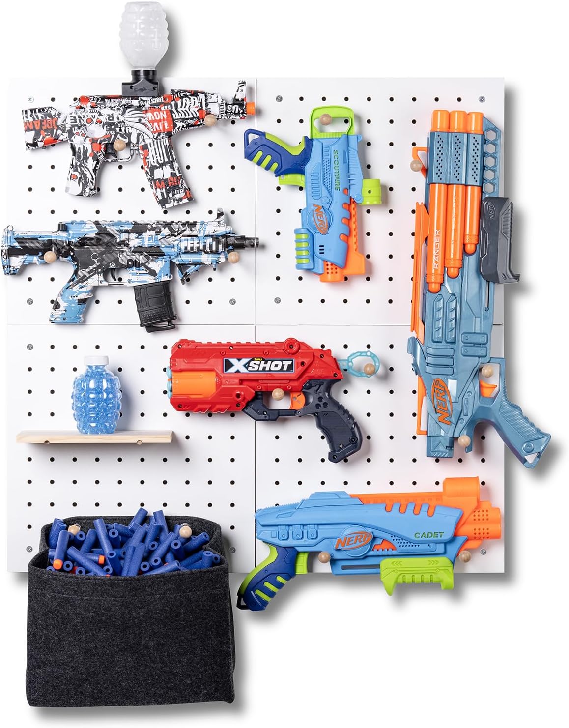 BRAND, CATEGORY, INEVIBE, STORAGE RACKS, Nerf Display Wall Organizer - Wooden Pegboard Storage Holder for Mounting Nerf Guns & Gel Blasters, 4 Piece Rack W/Bag for Darts