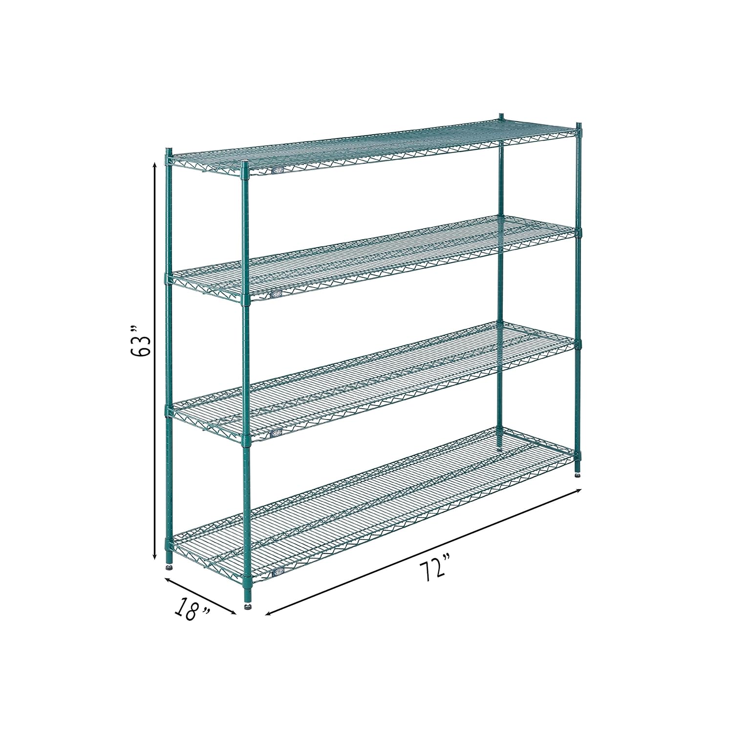 BRAND, CATEGORY, NEXEL, SHELVES, Nexel Poly-Green Adjustable Wire Shelving Unit, 4 Tier, Heavy Duty Commerical Storage Organizer Wire Rack, 18" x 72" x 63", Green