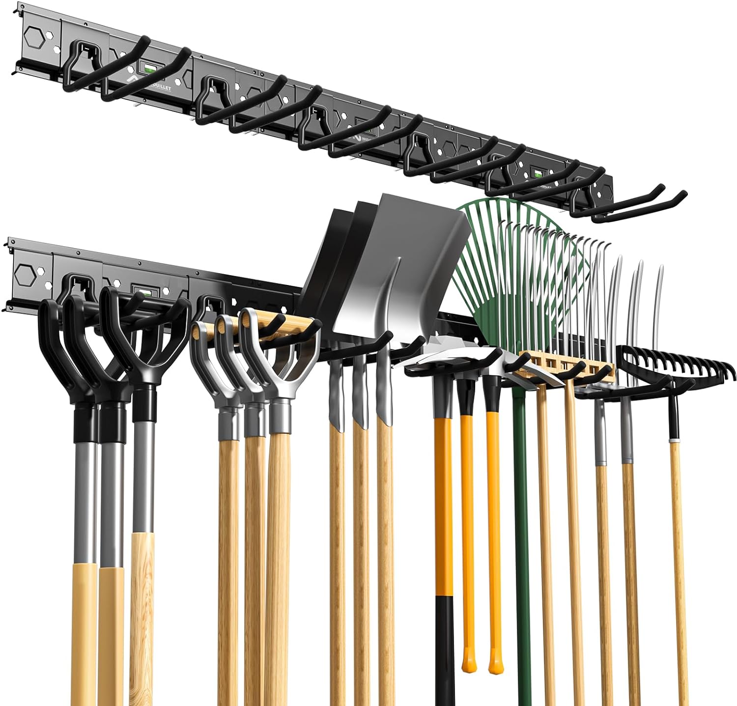 BRAND, CATEGORY, NIDOUILLET, STORAGE RACKS, Nidouillet Garage Storage Organization Wall Mount with Bubble Level, 11 PCS Garden Tool Organizer Adjustable Garage Tool Organizer, Folding Chair Hangers with 6 Hooks 48" Tracks Max 350lb