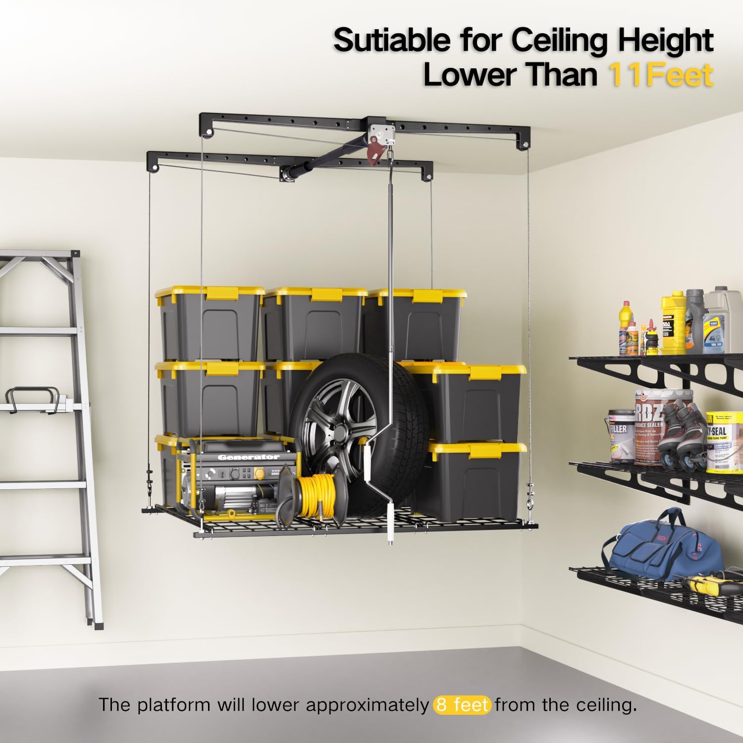 BRAND, CATEGORY, KOKORACKER, STORAGE RACKS, Overhead Garage Storage Rack, 4x4 Ft Garage Ceiling Storage Lift, Heavy-Duty Ceiling Mounted Garage Storage Lift System for Garage Organization, 250lbs Weight Capacity, Metallic Black