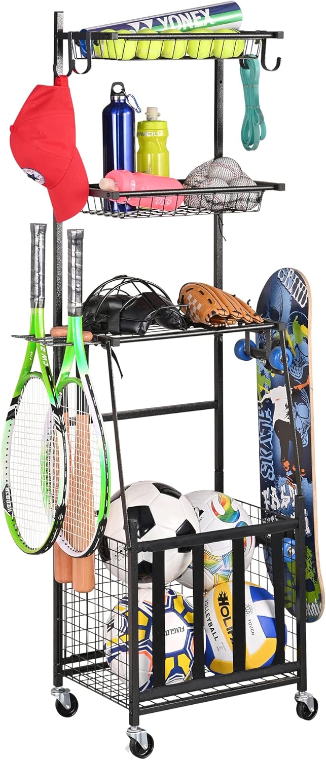 BRAND, CABINETS & STORAGE SYSTEMS, CATEGORY, PLKOW, PLKOW Sports Equipment Storage for Garage, Indoor/Outdoor Sports Rack for Garage, Ball Storage Garage Organizer with Basket and Hooks,Toy/Sports Gear Storage