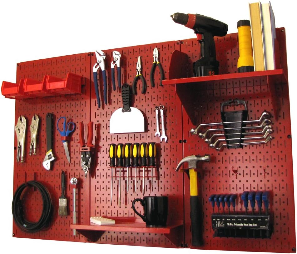 BRAND, CATEGORY, STORAGE RACKS, WALL CONTROL, Pegboard Organizer Wall Control 4 ft. Metal Pegboard Standard Tool Storage Kit with Red Toolboard and Red Accessories