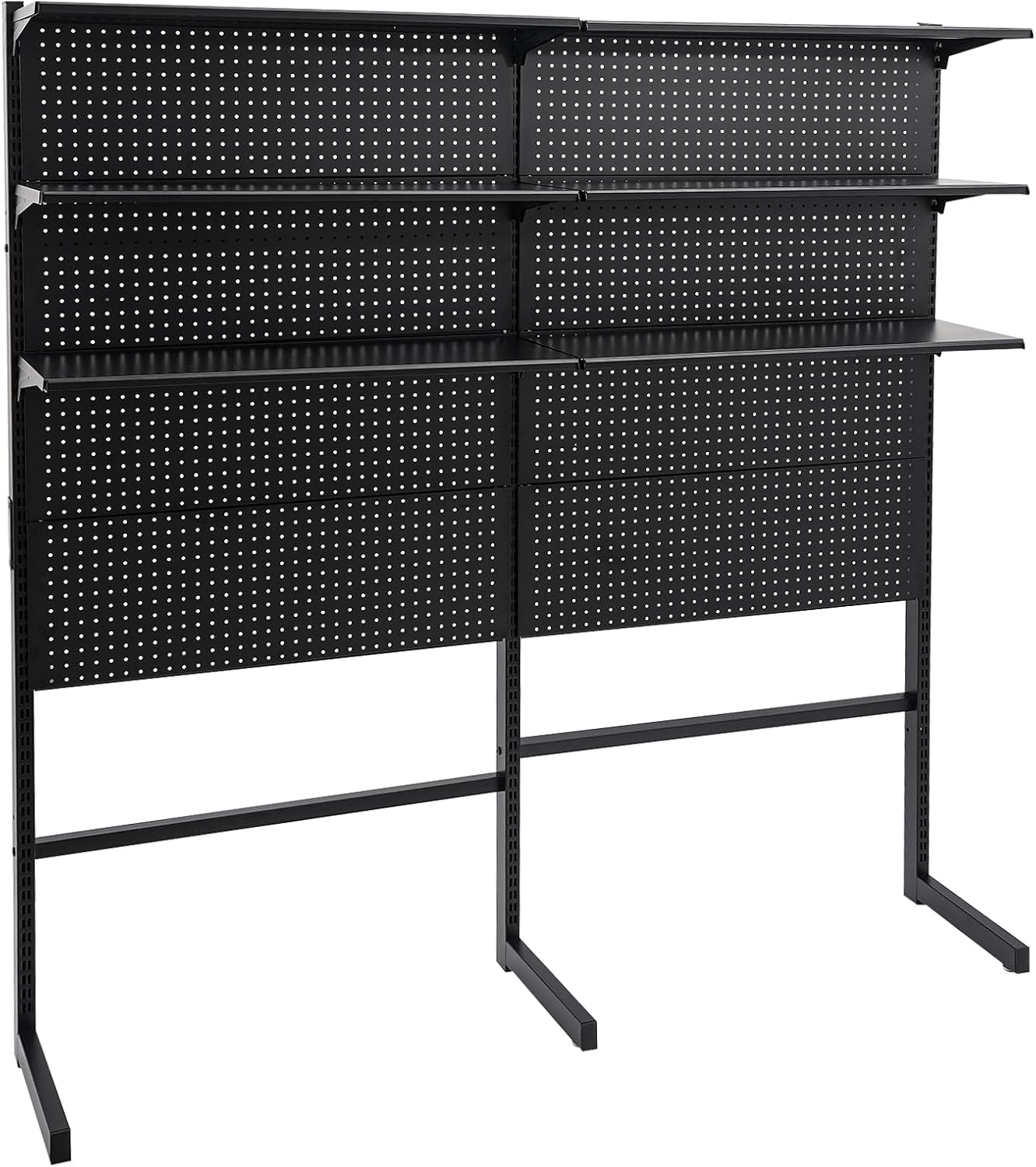 BRAND, CATEGORY, LUOSHALIYA, STORAGE RACKS, Pegboard Standing Shelf, 3-Tier Metal Shelving Unit Adjustable Garage Storage Utility Rack Heavy Duty Shelves, L Shaped Shelf, 15 Accessories, 71.3" W X 14.6" D X 74" H