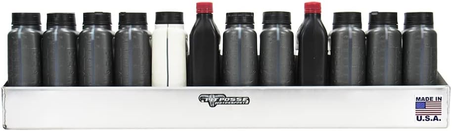 BRAND, CATEGORY, GARAGE STORAGE, PIT POSSE, Pit Posse 443 Oil Shelf 12 Quart Bottle Holder Storage Organizer Caddy 32" - Made in USA - Enclosed Race Trailer Garage Shop Automotive Motor Engine Oil Rack Caddie Shelves (Silver)