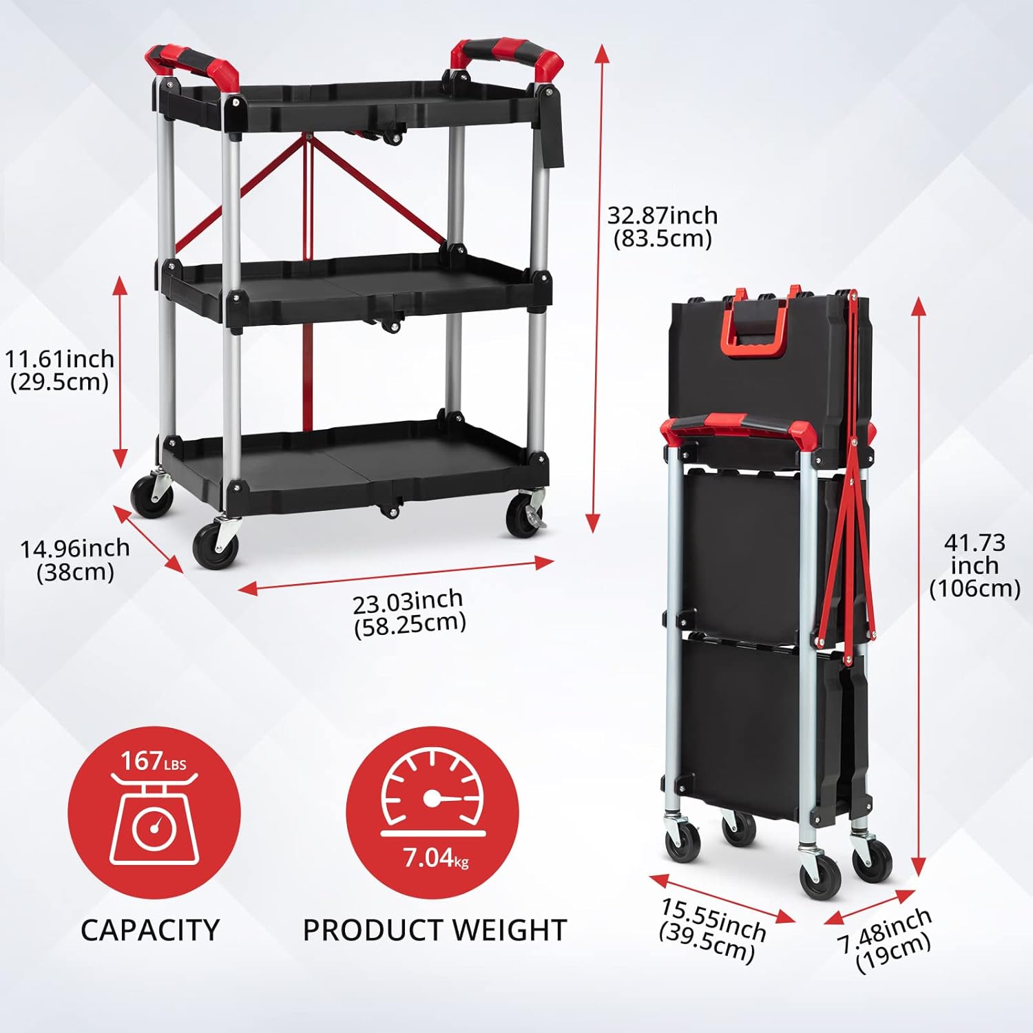 BRAND, CATEGORY, PIONEERWORKS, SERVICE CARTS, Portable Folding Service Cart,PioneerWorks 3 Tier Collapsible Push Cart,56 lbs Load Capacity/Shelf.Lockable Wheels,Ideal Rolling Tool Storage Organizer for Garage,Workshop & Industrial Use.