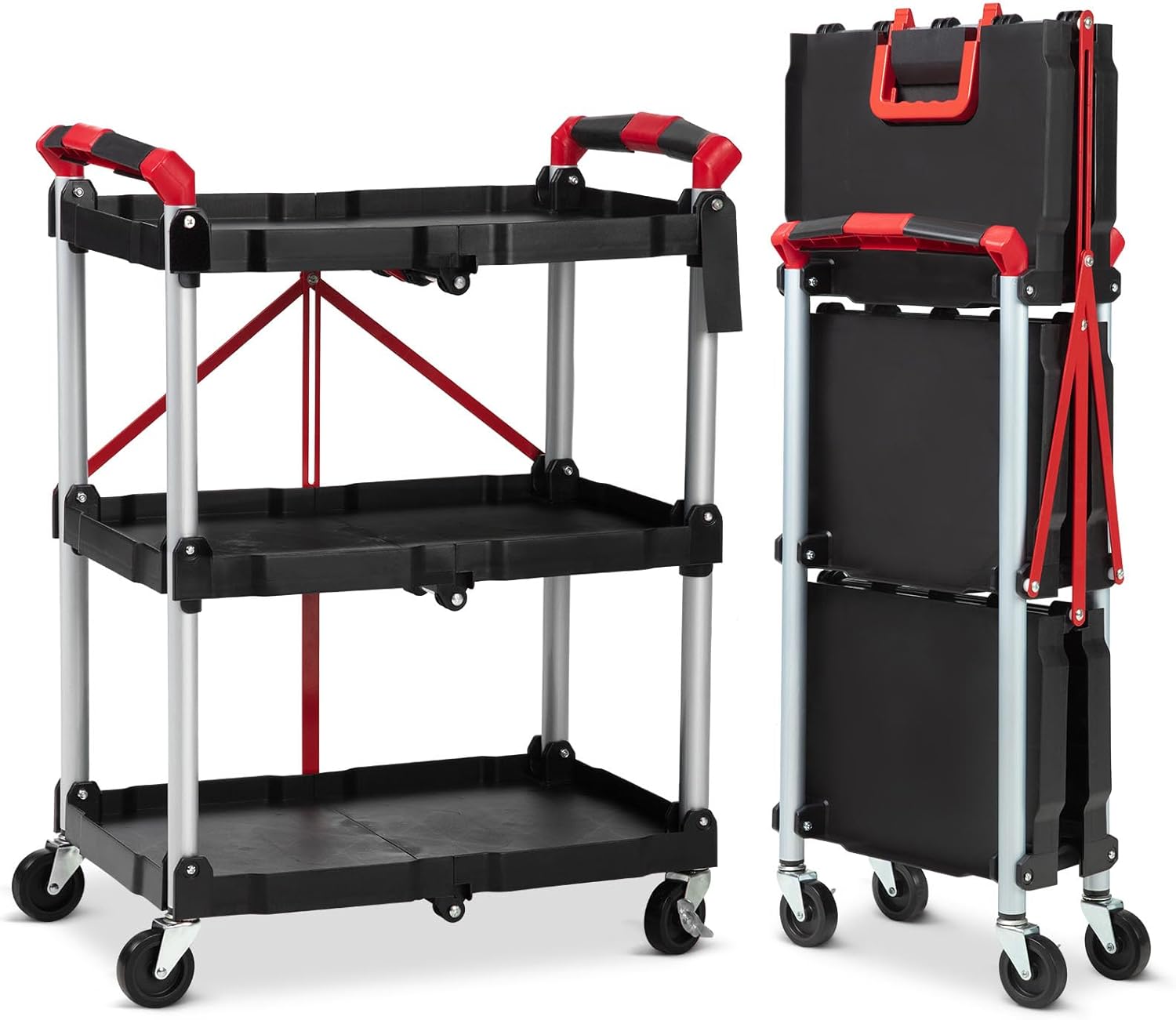 BRAND, CATEGORY, PIONEERWORKS, SERVICE CARTS, Portable Folding Service Cart,PioneerWorks 3 Tier Collapsible Push Cart,56 lbs Load Capacity/Shelf.Lockable Wheels,Ideal Rolling Tool Storage Organizer for Garage,Workshop & Industrial Use.