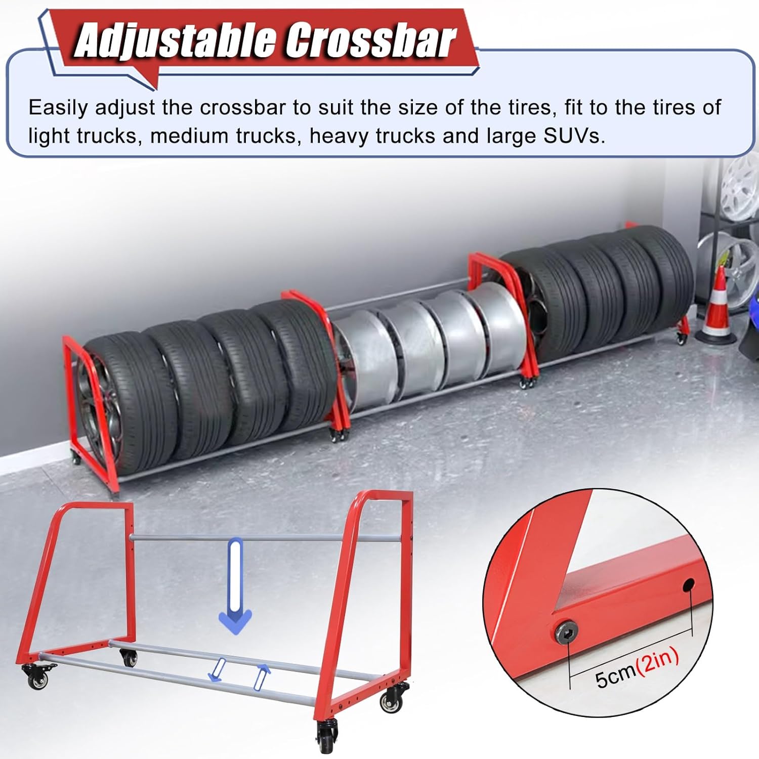 BRAND, CATEGORY, LZMZMQ, STORAGE RACKS, Rolling Tire Storage Rack On Wheels, Adjustable Metal Wheel Rim Organizer Holder for Workshop/Shed/Warehouse, Large Capacity Garage Accessories, Indoor Outdoor Use