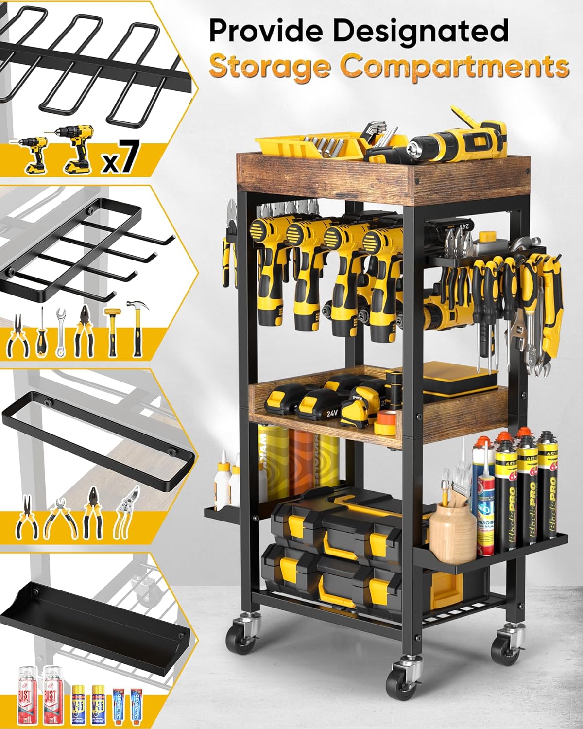 BRAND, CATEGORY, POKIPO, STORAGE RACKS, Power Tool Cart, Heavy Duty Garage Shelving with Wheels, Movable Tool Box Cart Chest Organizer for Mechanic and Man Gift, Cordless Tool Storage for Garage and Garden