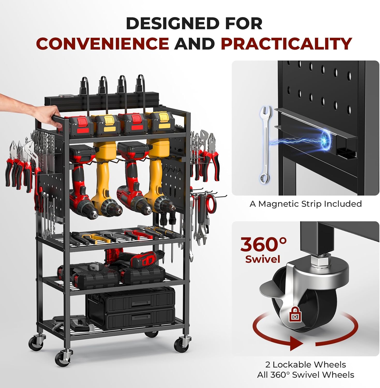 BRAND, CATEGORY, STORAGE RACKS, ZIVANTI, Power Tool Organizer Cart, Sturdy Garage Tool Organizer Cart with Charging Station, 5-Tier Power Tool Charging Station for Tool Organizers and Storage, Drill Holder on Wheels