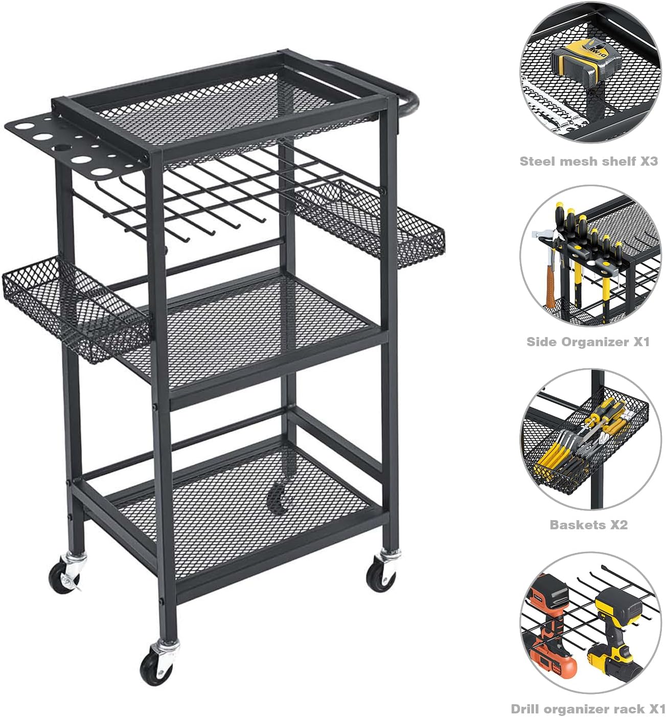 BRAND, CATEGORY, HUSFITLY, STORAGE RACKS, Power Tool Organizer Cart with Wheels, Garage Tool Shelf Drill Holders Garage Storage Organization Shelves with Screwdriver Heavy Duty Rack for Workshop Tool Room and Outdoors Working