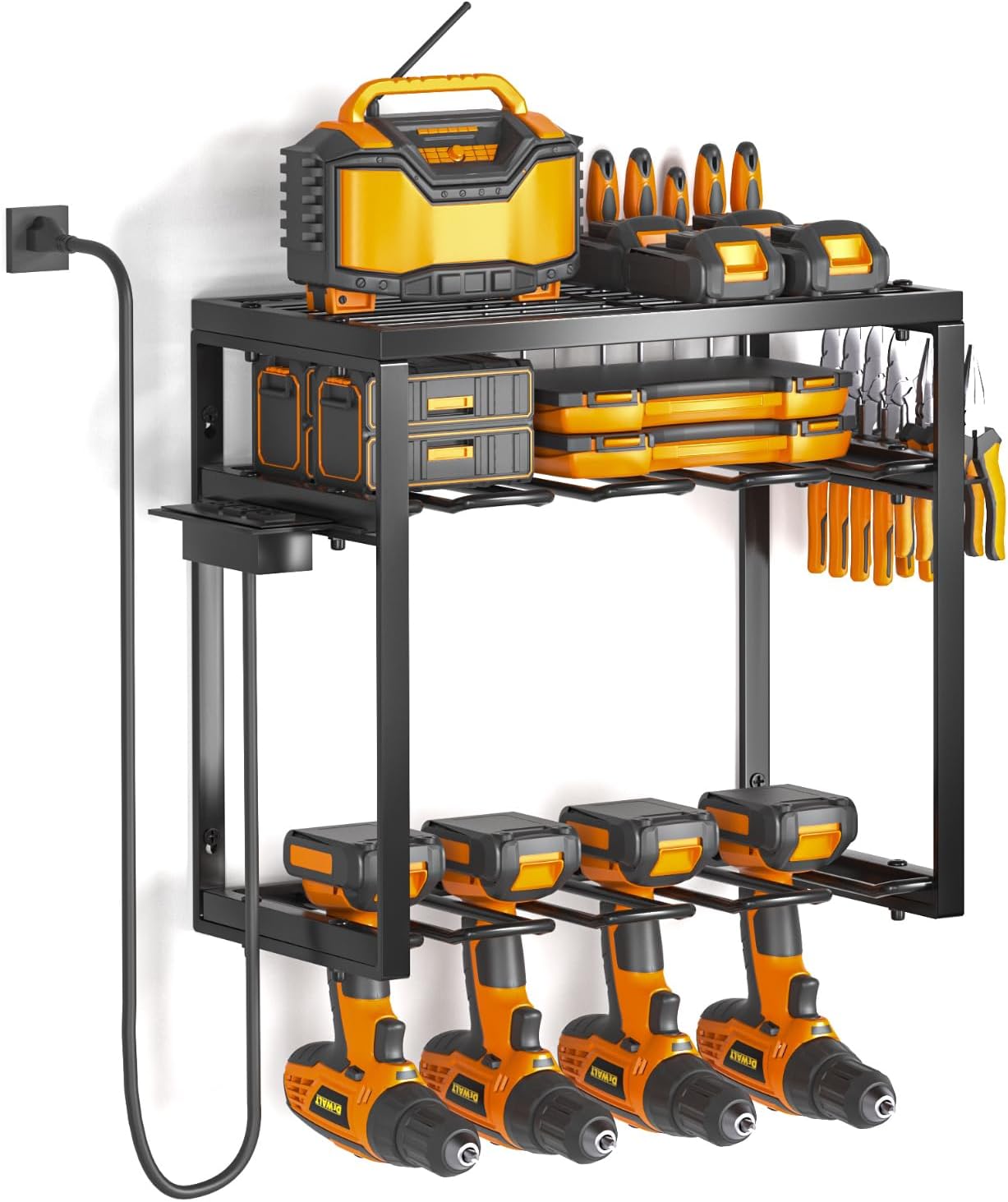 BRAND, CATEGORY, SOLIM, STORAGE RACKS, Power Tool Organizer Wall Mount, 3 Layers Drill Holder With Charging Station, Heavy Duty Garage Tool Storage，Utility Racks Shelf for Tool Batteries, Screwdriver, Wrench