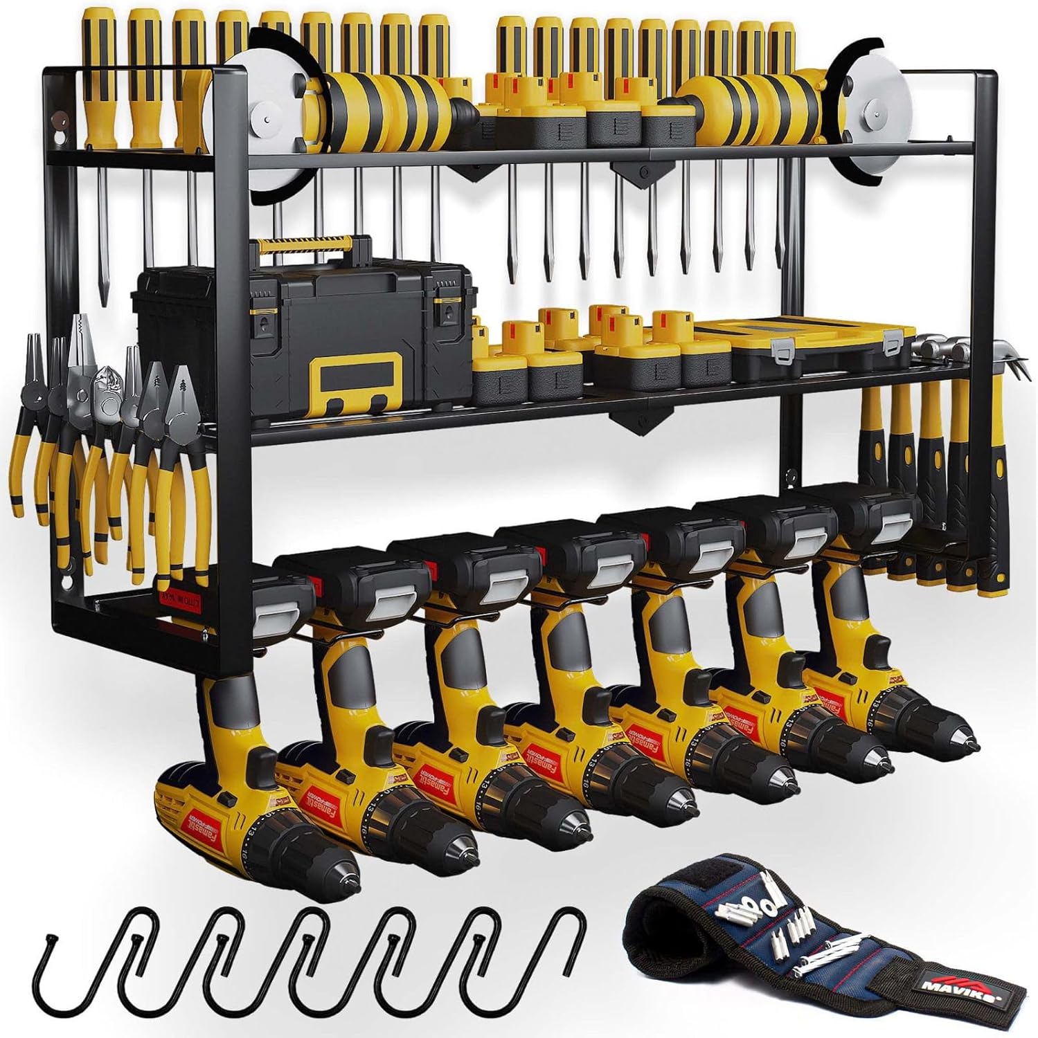 BRAND, CATEGORY, MAVIKS, STORAGE RACKS, Power Tool Organizer Wall Mount, Drill Holder Wall Mount, Heavy Duty Metal Cordless Tool Organizer for Cordless Drill, Power Tool Holder Rack Suitable for Workshop, Garage (3 Tier 7 Drill Holder)