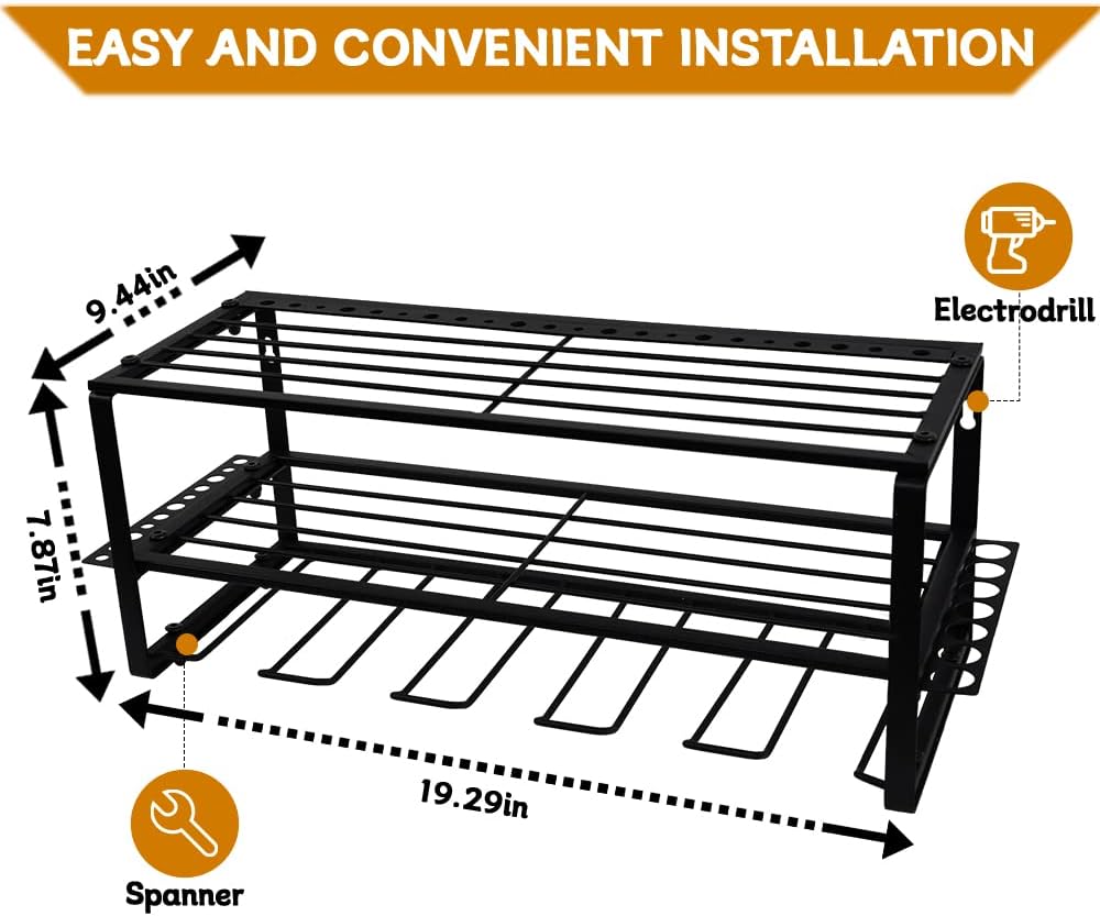 BRAND, CATEGORY, STORAGE RACKS, TOWCSTER, Power Tool Organizer, Wall Mount Drill Holder with 5 Drill Slots, Heavy Duty Garage Organization Storage Rack, Heavy Duty Power Tool Storage Rack Cordless Tool Shelf Pegboard