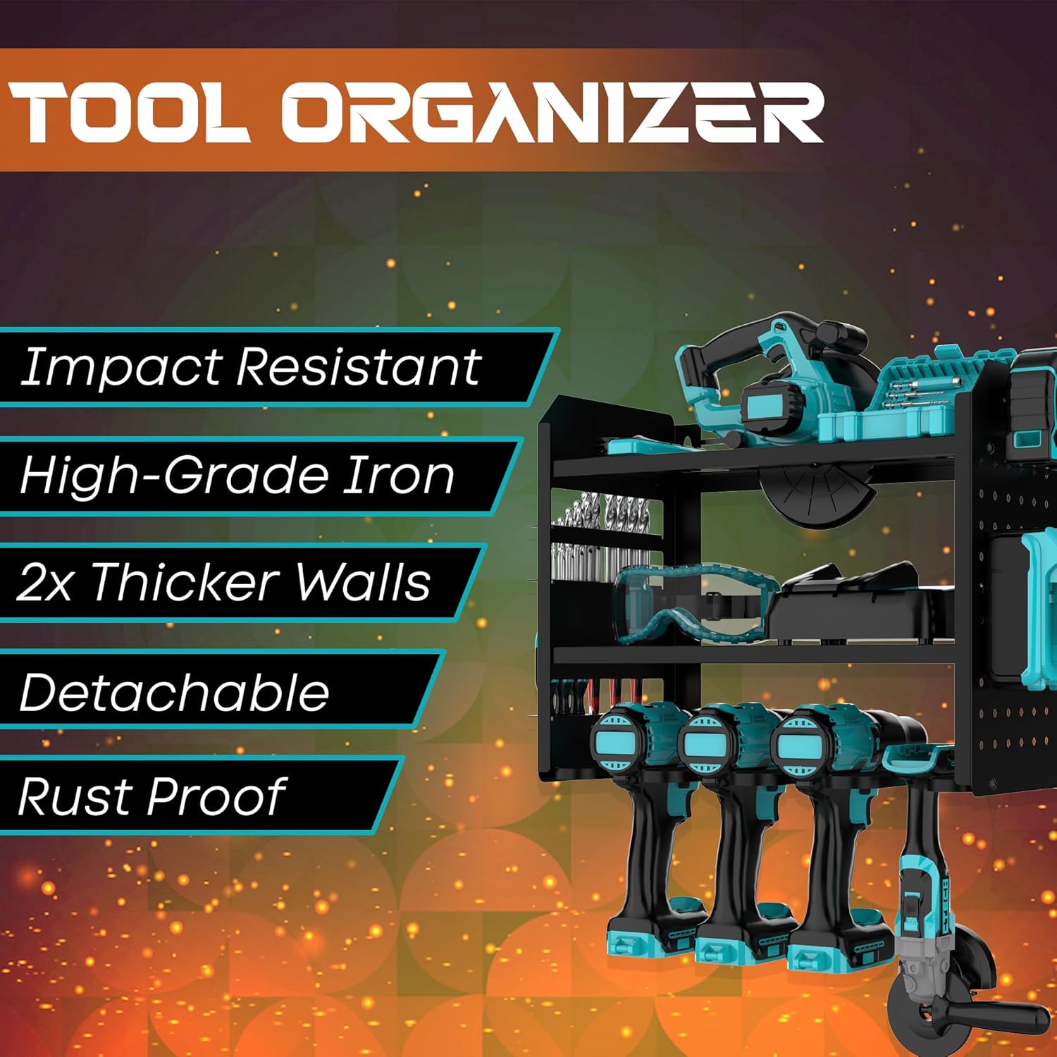 BRAND, CATEGORY, ROCFORCE, STORAGE RACKS, Power Tool Organizer Wall Mount - Heavy Duty Cordless Tool Holder for Saw, Drill & More - Rust-Proof Garage Pegboard Storage Solution - Maximize Efficiency and Space, Tool Organizer - Green