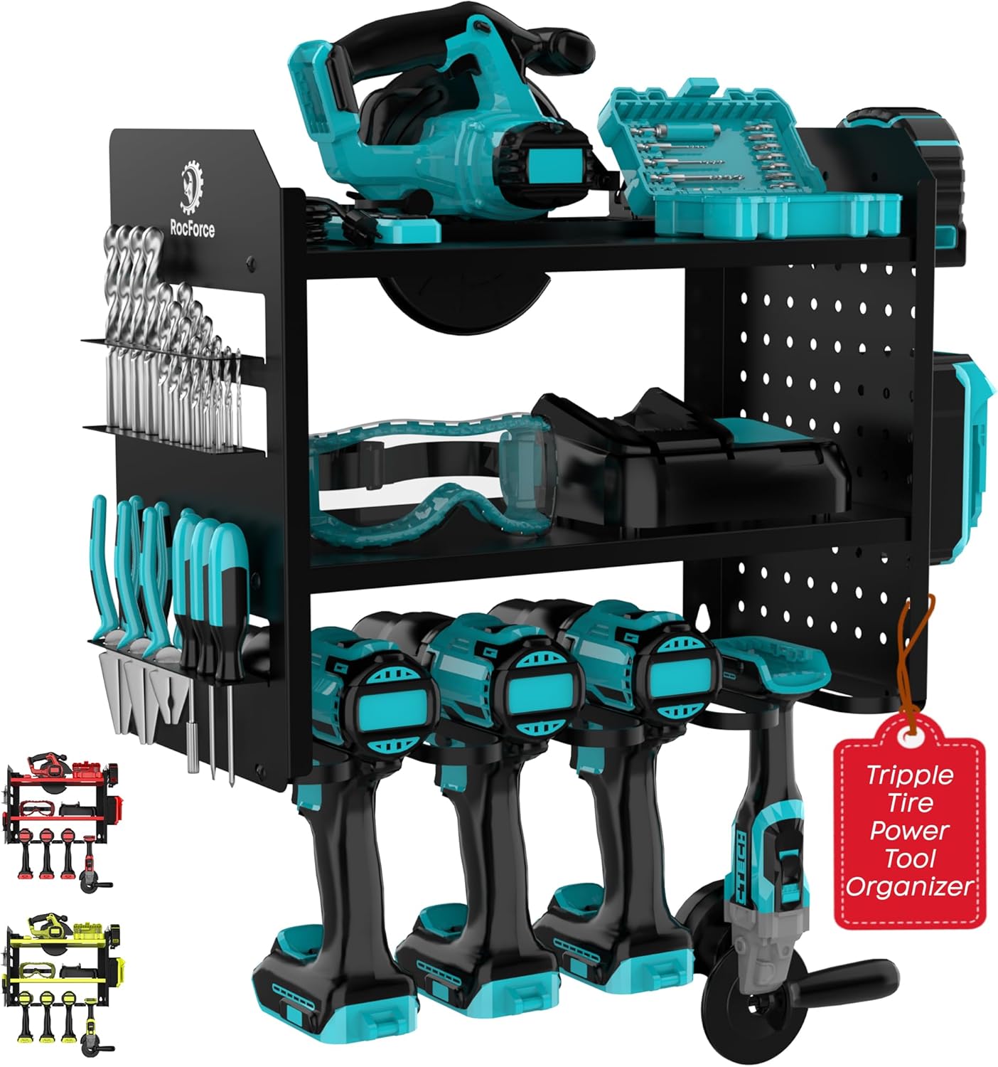 BRAND, CATEGORY, ROCFORCE, STORAGE RACKS, Power Tool Organizer Wall Mount - Heavy Duty Cordless Tool Holder for Saw, Drill & More - Rust-Proof Garage Pegboard Storage Solution - Maximize Efficiency and Space, Tool Organizer - Green