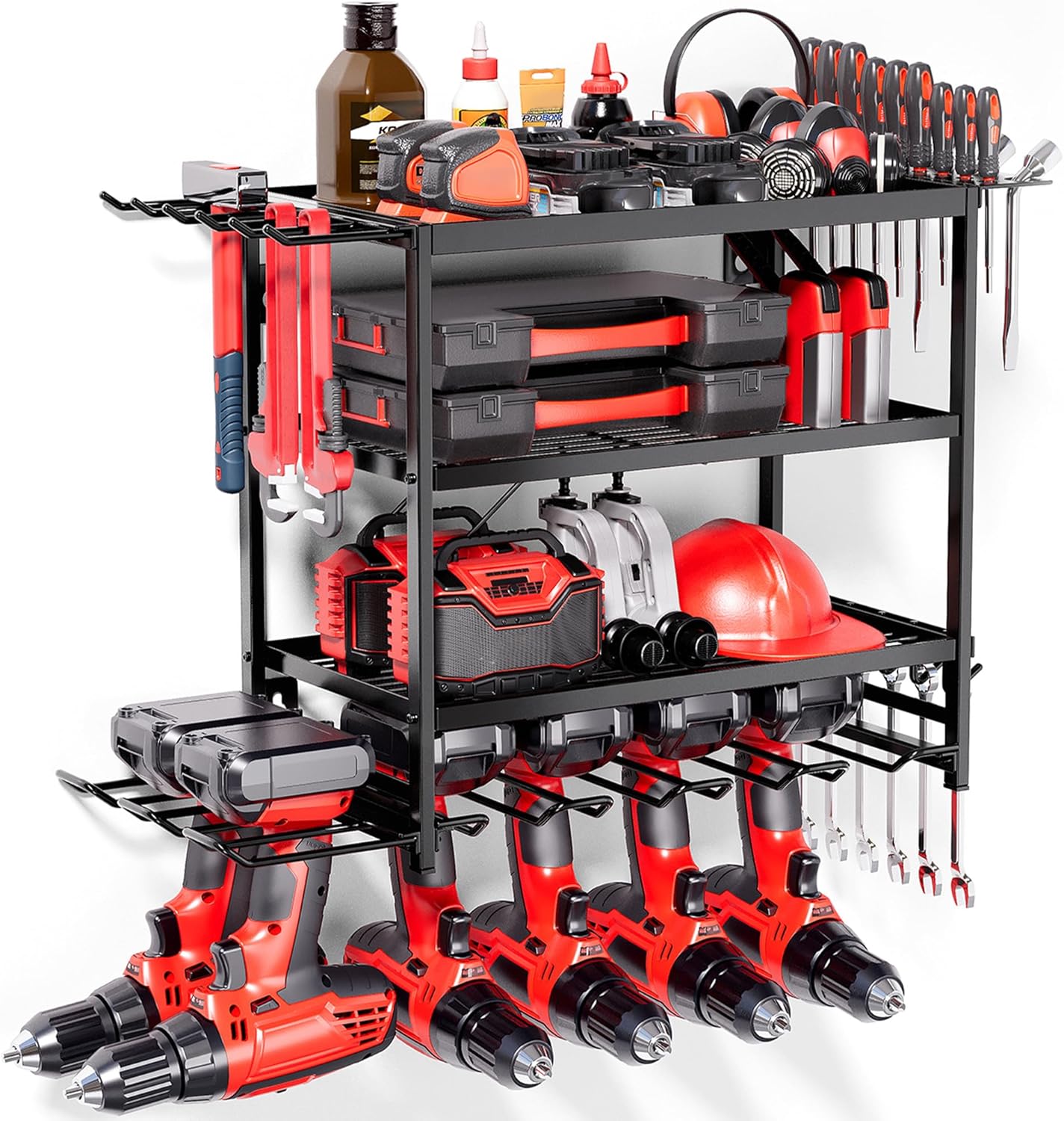 BRAND, CATCHLUCK, CATEGORY, STORAGE RACKS, Power Tool Organizer Wall Mount Power Tool Storage Rack 6 Drill Holder 4 Layer 12 Hooks Heavy Duty Garage Tool Organizer Tool Shelf