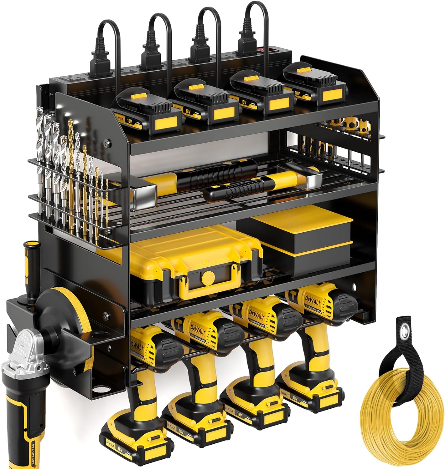 BRAND, CATEGORY, POKIPO, STORAGE RACKS, Power Tool Organizer Wall Mount with Charging Station, Extended Large Heavy Duty 4 Drill Holder, Tool Storage in 8 Outlet Power Strip, Utility Rack with 6.56 ft Cord for Garage, Workbench