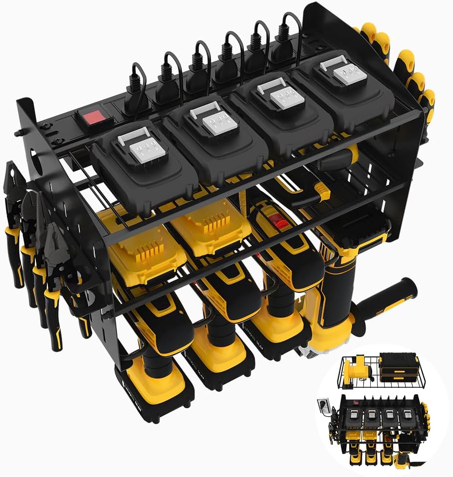 BRAND, CATEGORY, GOSTLE, UTILITY SHELVES, Power Tool Organizer with Charging Station 4 Layers Wall Mount Power Drill Organizer Tools Storage Holder 6AC Outlets Tool Rack Tool Storage Solution for Garage Workshop Organizers