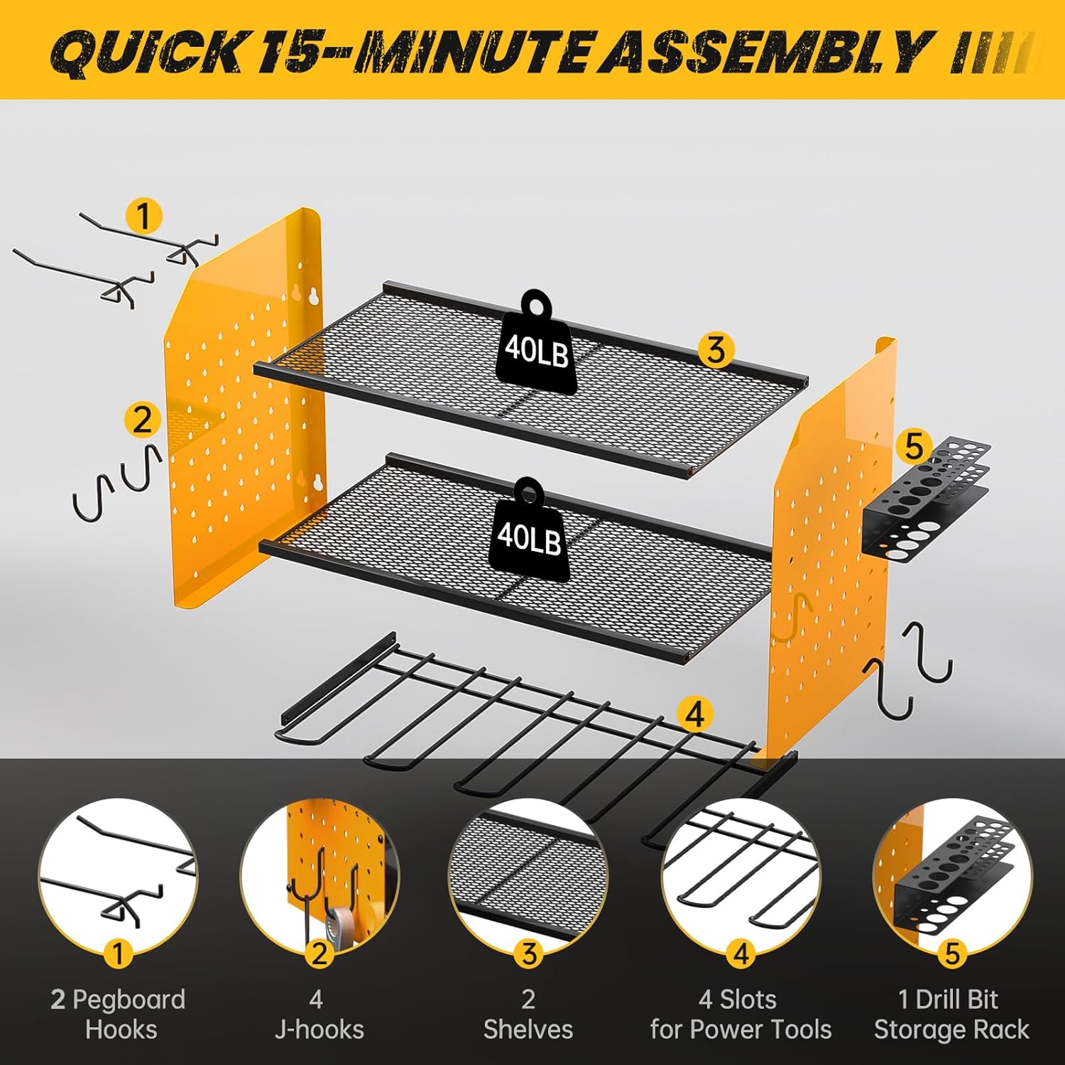 BRAND, CATEGORY, GEEKBEE, STORAGE RACKS, Power Tool Organizer with Charging Station, Heavy Duty 4 Layer Drill Holder Wall Mount, Power Tool Holder with 8 Outlet Power Strip, Tool Shelf with Hooks, Drill Bit Rack for Garage, Yellow