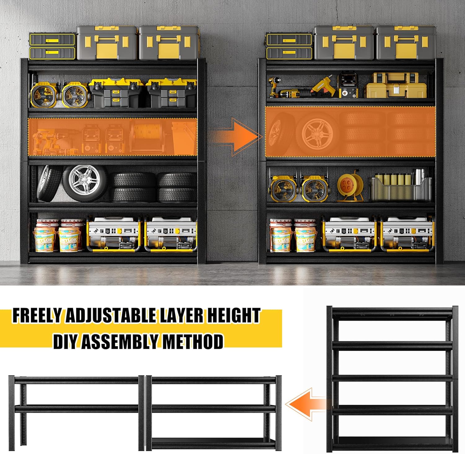 BRAND, CATEGORY, POKIPO, STORAGE RACKS, Utility Shelf,72"H x 47.2"W x 23.6"D Garage Shelving Units and Storage,5 Tier Heavy Duty Metal Adjustable Loads 3500LBS with Gloves and Mallet,standing Rack for Warehouse Basement Industrial