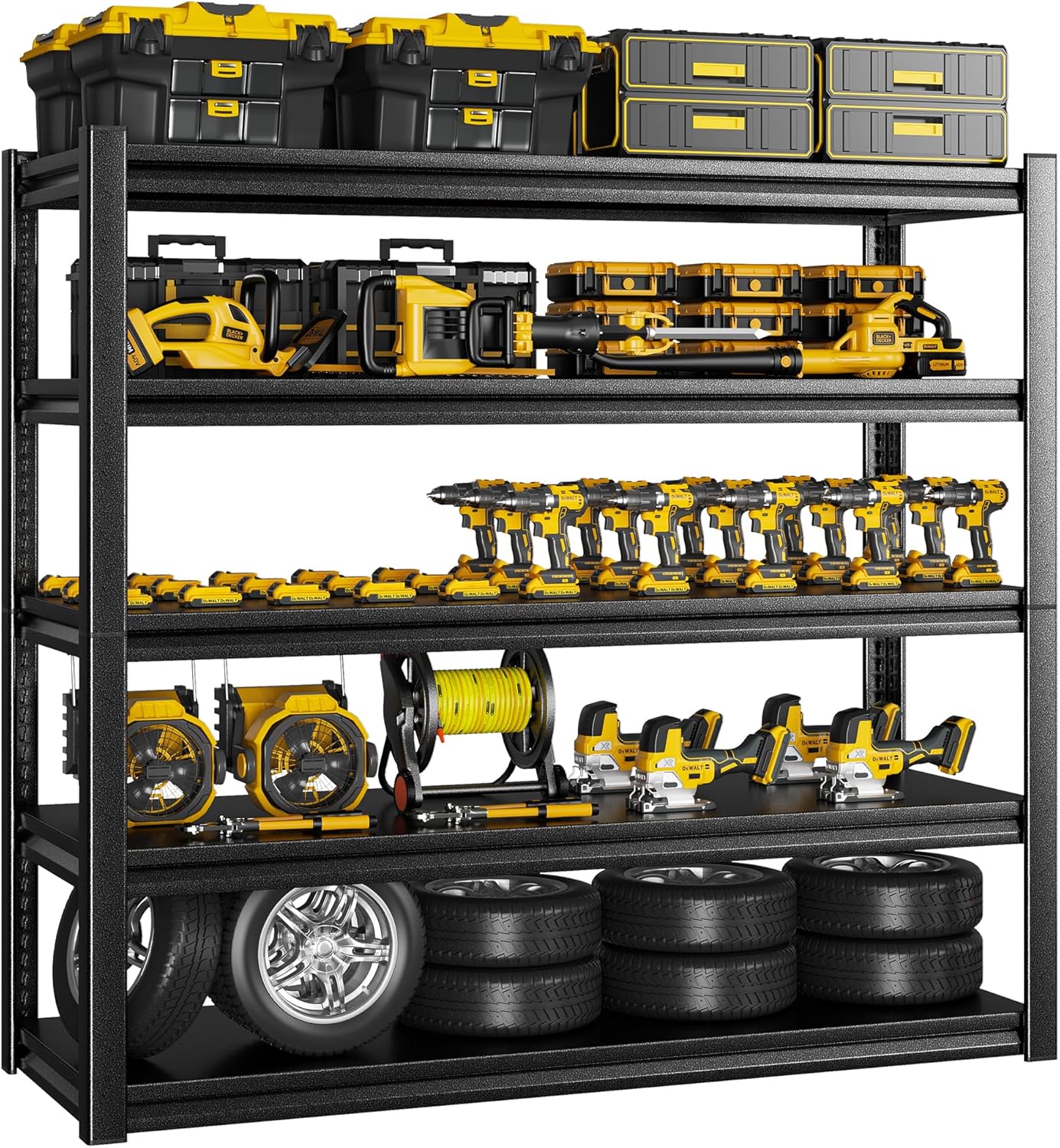 BRAND, CATEGORY, POKIPO, STORAGE RACKS, Power Tool Organizer,72" H x 35" W x 15.7" D Adjustable Height Metal Garage Shelving,Loads 3000LBS,5 Layer Heavy Duty Storage Tool with Gloves and Mallet for Garage,Industrial, Warehouse