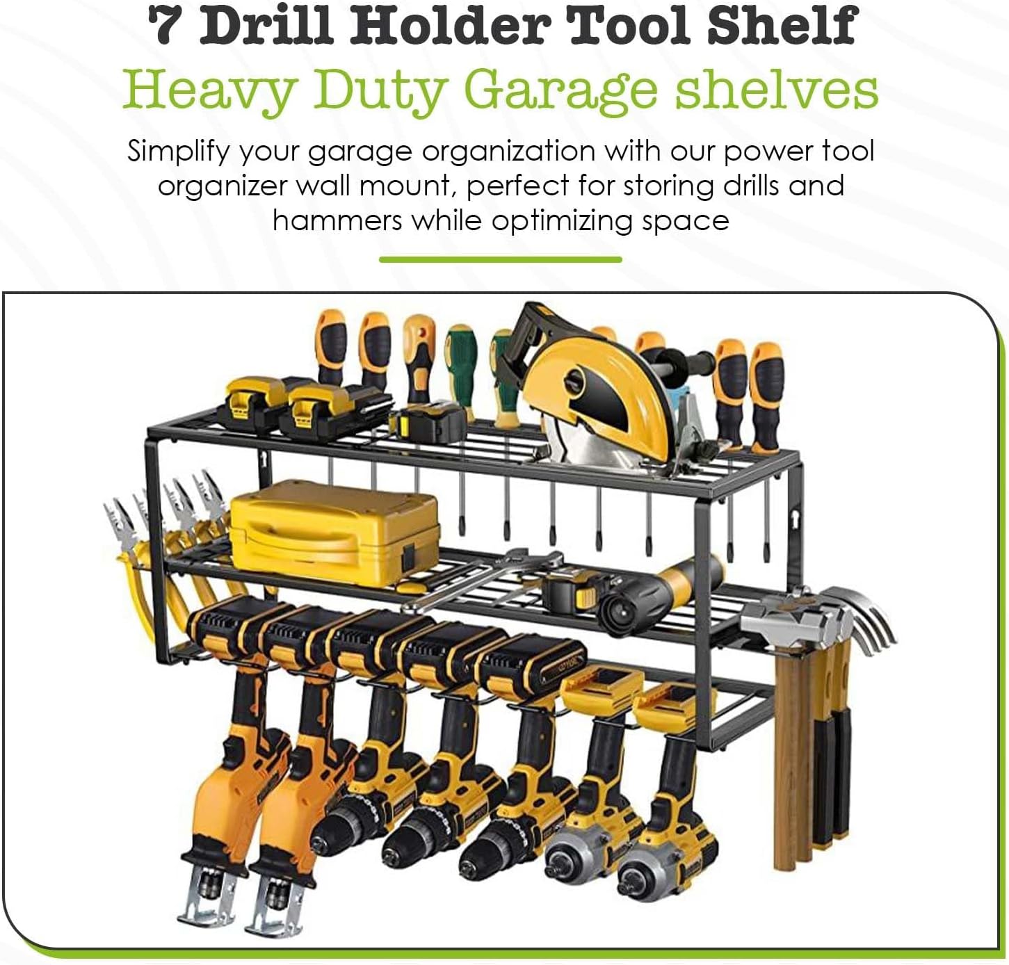 BRAND, CATEGORY, SAZMOS, STORAGE RACKS, Power tool Organizer Wall Mount, 7 Drill Holder Tool Shelf, Heavy Duty Garage shelves Utility Tool Storage, 3 Layers Power tool Storage