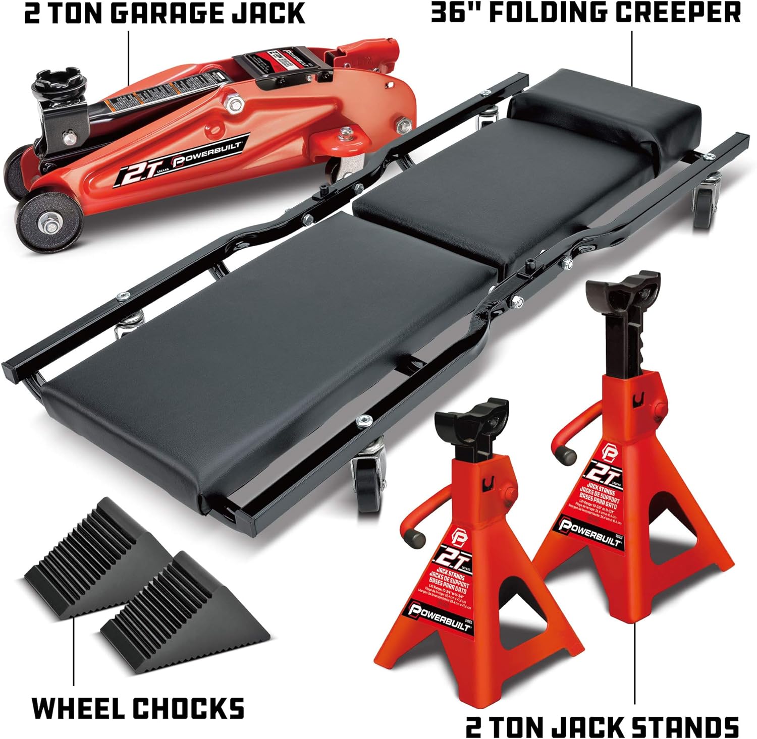 ALLTRADE, BRAND, CATEGORY, FLOOR JACKS, Powerbuilt 6 Piece Car Jack and Garage Creeper Service Set, 2 Ton Vehicle Lift, Jackstands, Folding Creeper, Wheel Chocks, Car Repair Garage Equipment - 640816, Large, Red