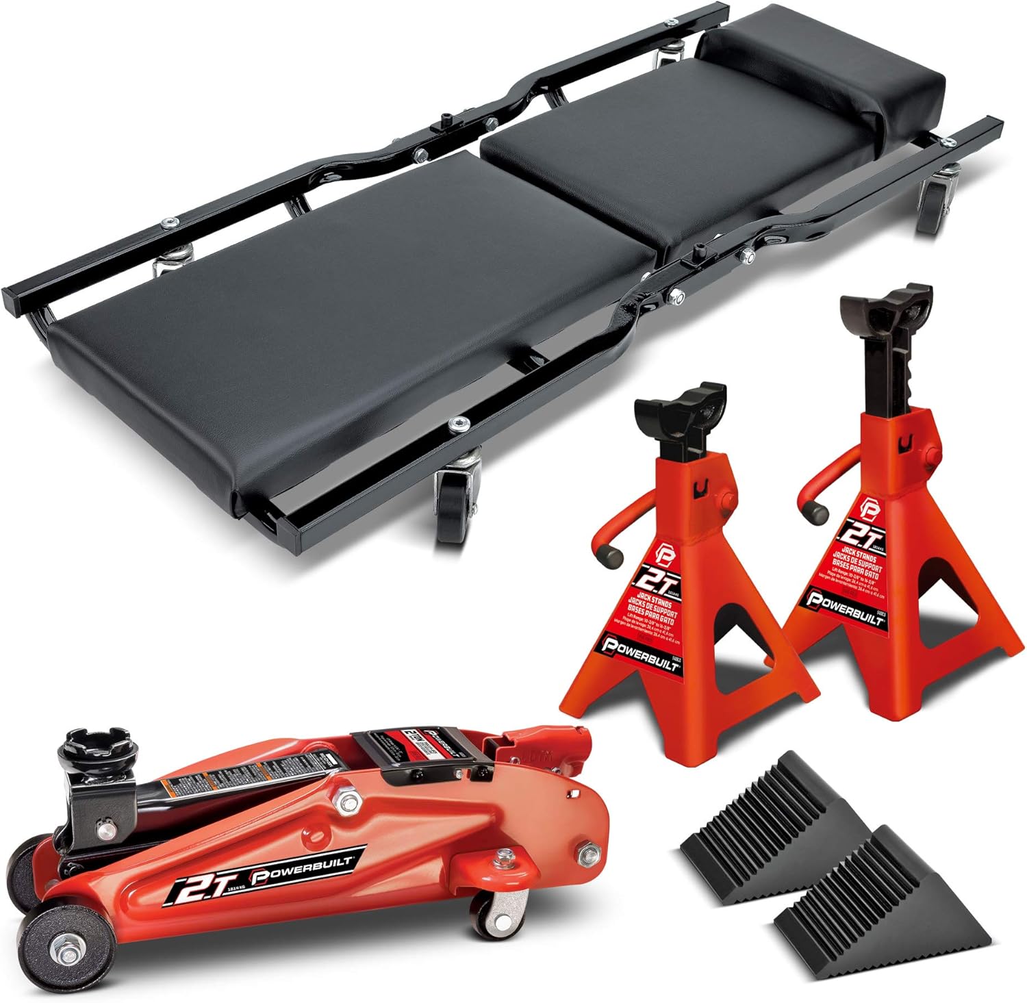 ALLTRADE, BRAND, CATEGORY, FLOOR JACKS, Powerbuilt 6 Piece Car Jack and Garage Creeper Service Set, 2 Ton Vehicle Lift, Jackstands, Folding Creeper, Wheel Chocks, Car Repair Garage Equipment - 640816, Large, Red