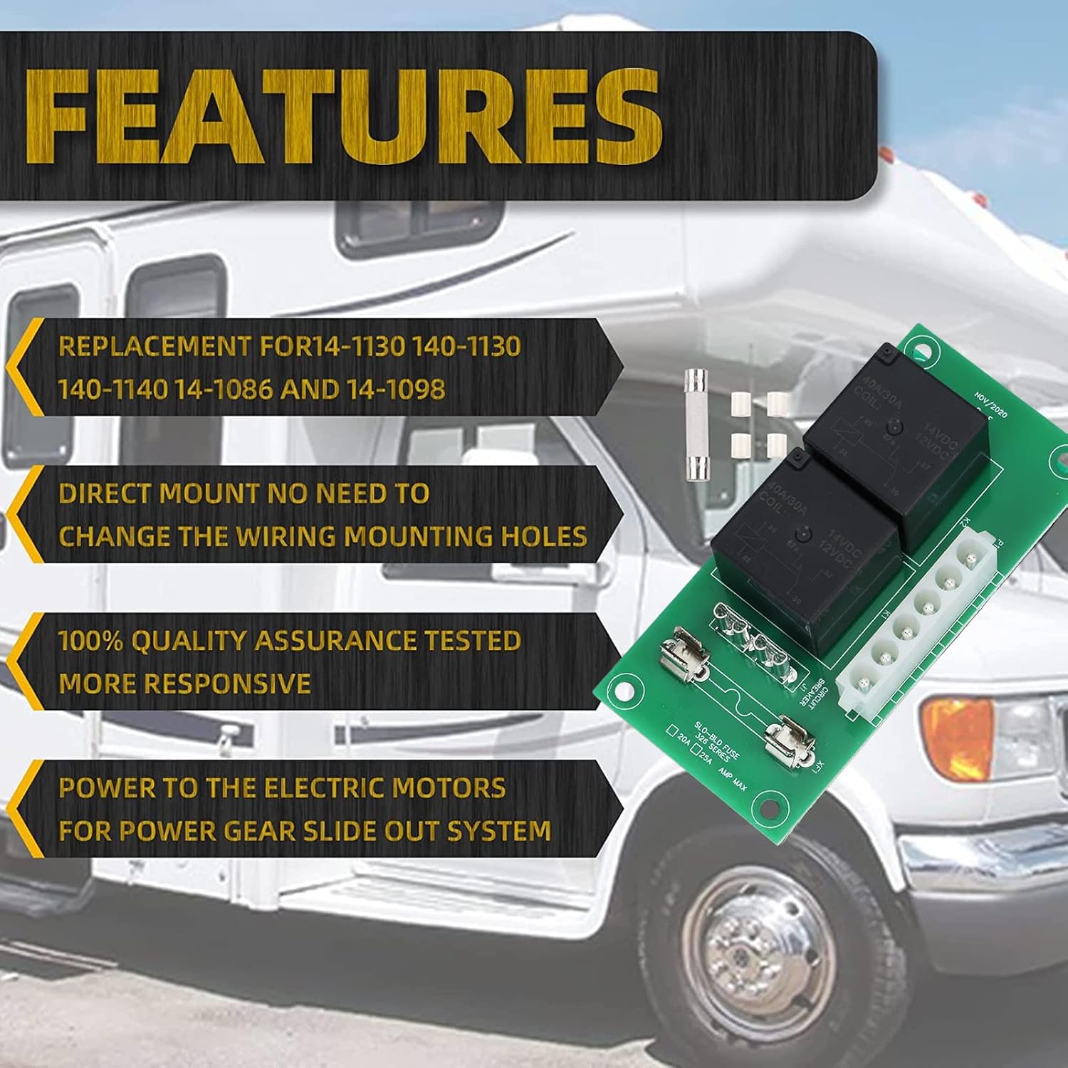 BRAND, CATEGORY, RELAY CONTROL MODULE, XTEVU, 12V RV Power Gear Slide Out Relay Control Board 14‑1130 High Performance 20 Amps Fusebox Short Circuit Proof Replacement for Fleetwood 246063