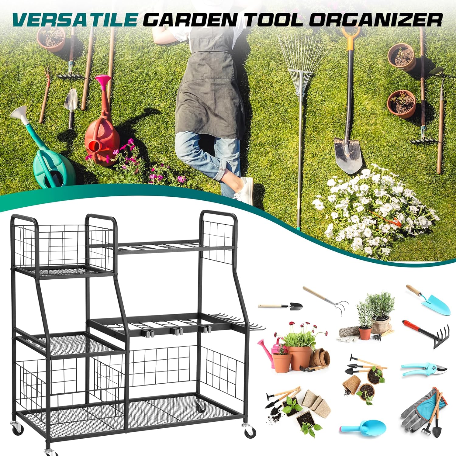 BRAND, CATEGORY, RENGUE, STORAGE RACKS, Rengue Garden Tool Organizer, 3 Tier Utility Yard Tool Organizer with Wheels, Large Garden Tool Storage Rack with Extra Storage Basket for Shed/Garage/Garden/Yard/Lawn