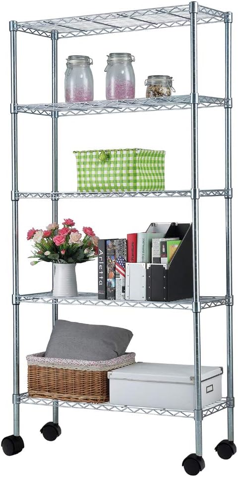 BRAND, CATEGORY, JHSHOP, STORAGE RACKS, Rolling Storage Rack for Commercial, 5-Tier Utility Shelving Unit Organizer Rack for Home,Storage Shelves for Pantry, Garage Shelf Pantry Shelves Kitchen Shelving (Chrome, 165 x 90 x 35CM)