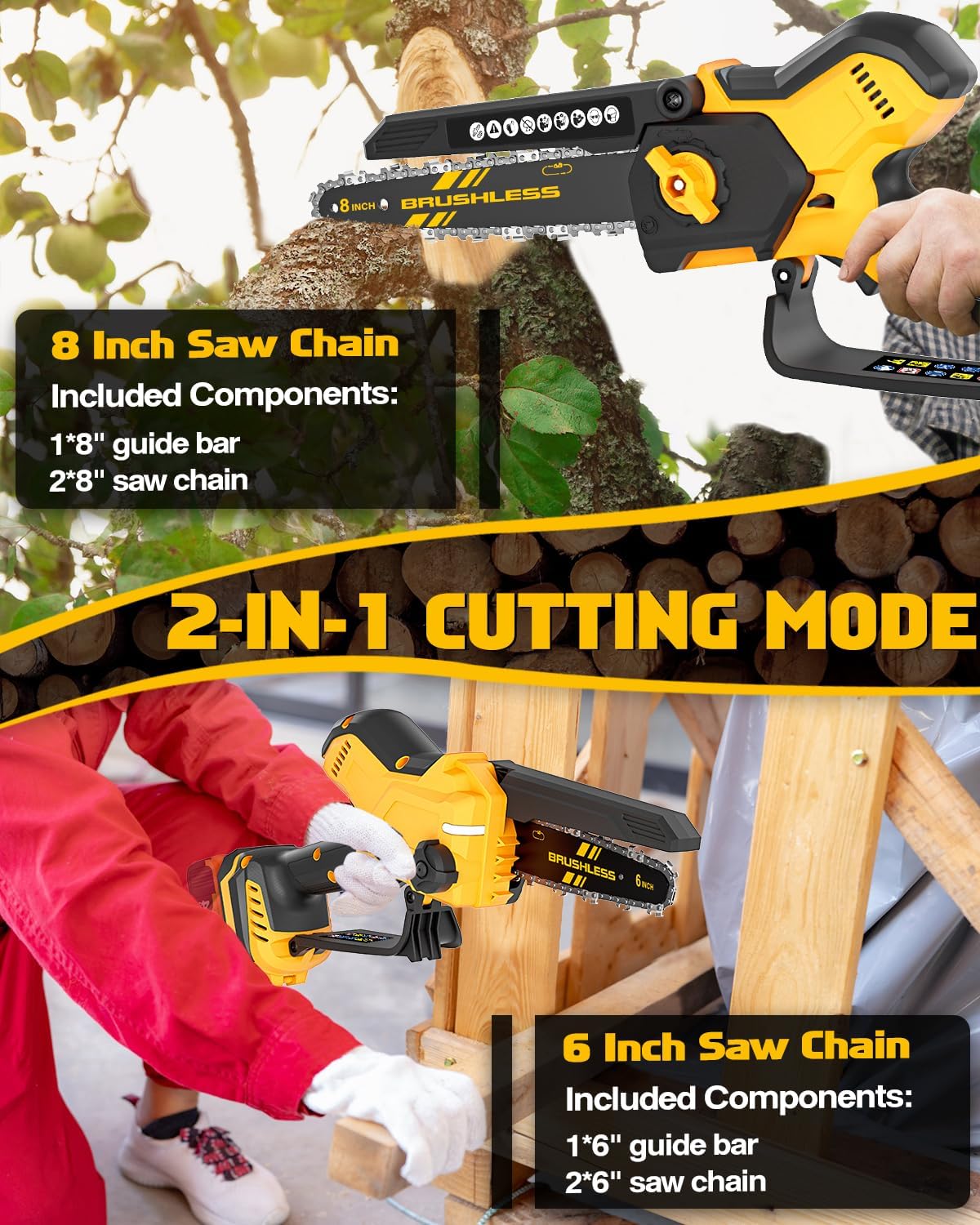 BRAND, CATEGORY, CHAINSAWS, ROZLCHAR, Rozlchar Mini Chainsaw for Dewalt Battery 20V MAX, 8-Inch & 6-Inch Combo Auto-Oiler & Brushless Pruning Chainsaw, Battery Powered Chainsaw for Wood Cutting, Tree Trimming, Orchard Pruning(No Battery)