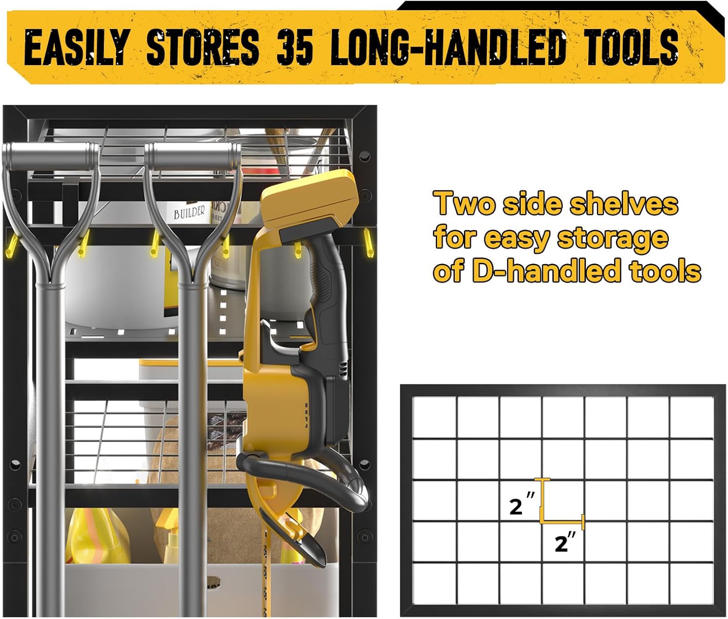 BRAND, CATEGORY, SOYEEZE, STORAGE RACKS, SOYEEZE Garden Tool Organizer, Yard Tool Rack for Garage Organizers and Storage, Heavy Duty Tool Stand for Shed, Workshop, Basement Holder for up to 35 long-handled Tools/Rakes/Brooms/shovel