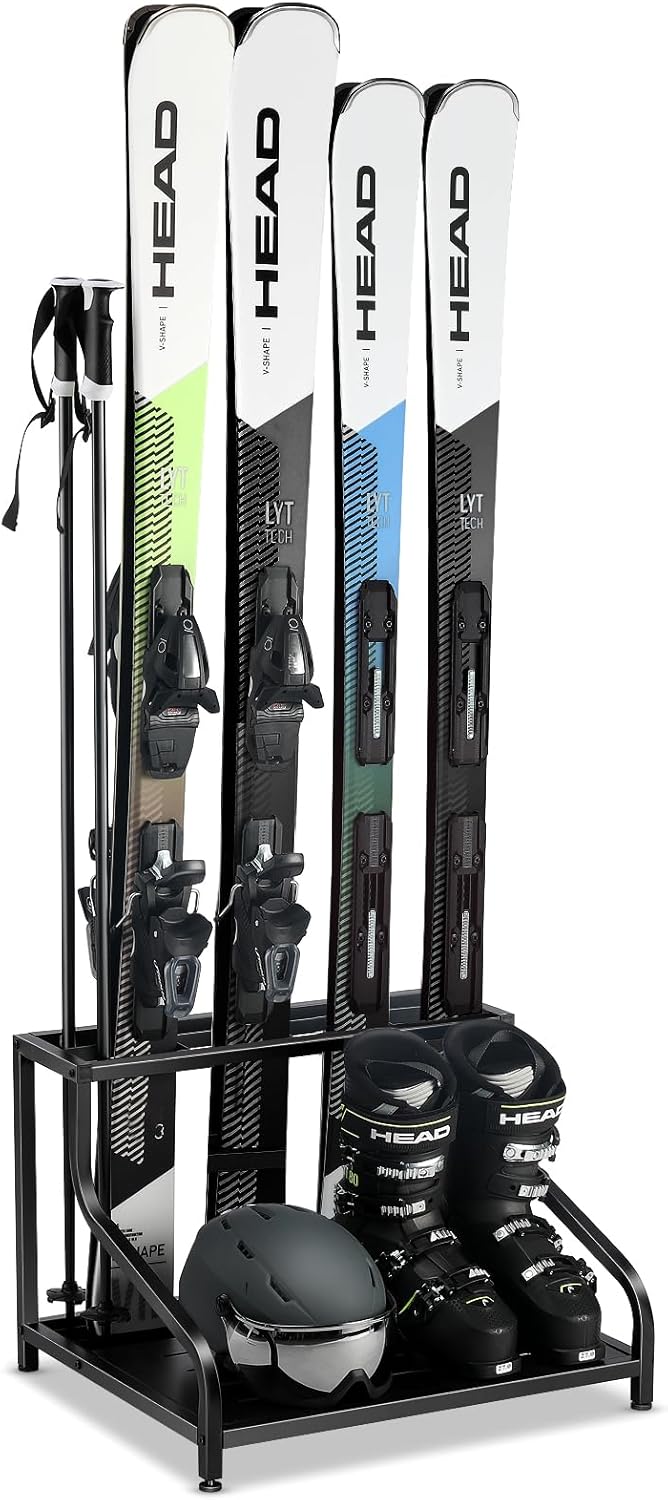 BRAND, CATEGORY, FHXZH, INDOOR SKI STORAGE, Ski Storage Rack for Garage - Freestanding Ski Holders for 4 Pairs of Skis, Ski Boot, Ski Poles, Goggles, Helmet and More, Heavy Duty Steel Floor Stand Ski Organizer for Garage Basement