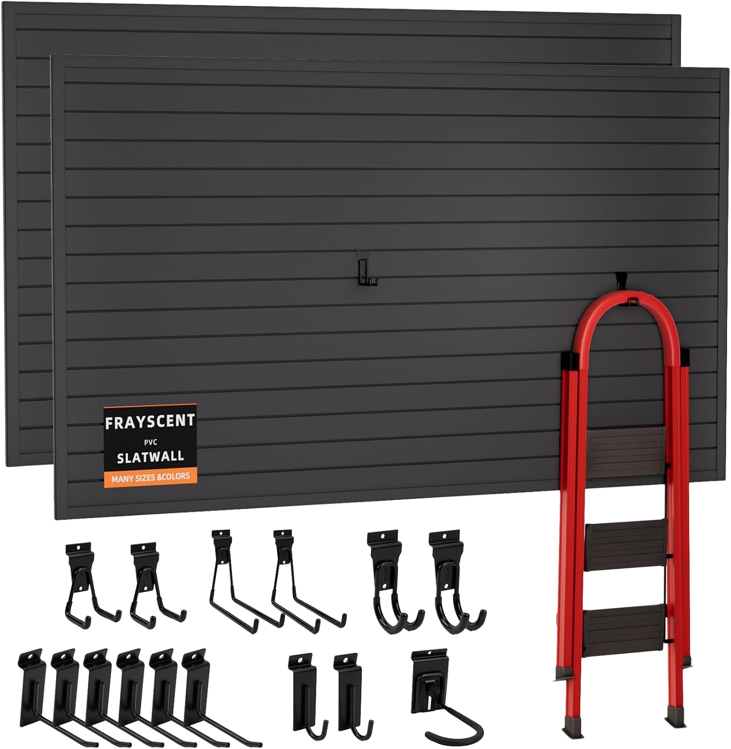 BRAND, CABINETS & STORAGE SYSTEMS, CATEGORY, FRAYSCENT, Slatwall Panel 2 Packs of 8x4 ft with 15 Hooks Total 16 Pcs 4x1ft Garage Wall Organizer PVC Slat Wall Paneling