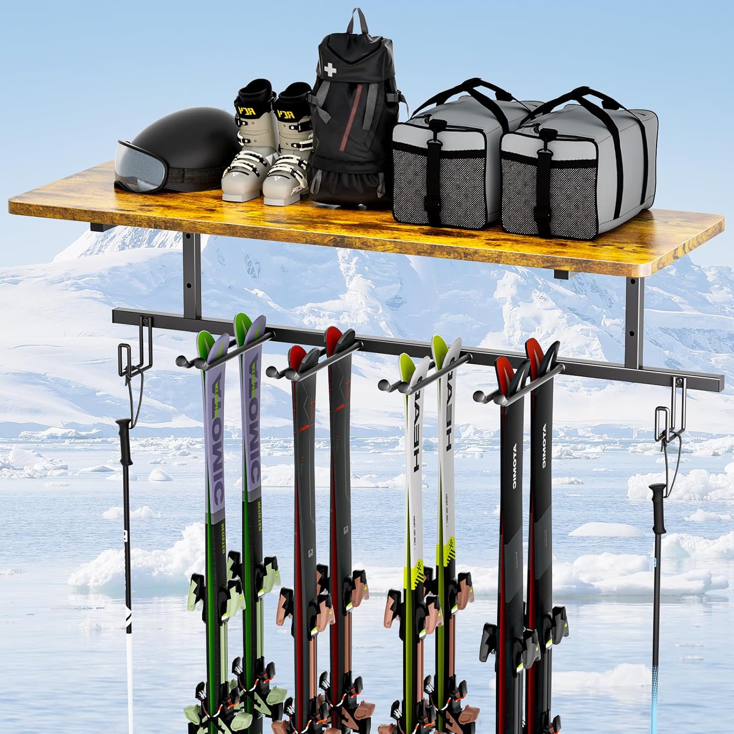 BRAND, CATEGORY, INDOOR SKI STORAGE, LIEBEREN, Snowboard Wall Mount,Ski Wall Mount Can Bear Weight of 400 Pounds,Ski Rack with Wooden Shelf,Ski Rack for Garage Wall Holds 12 Pairs,Snowboard Rack Size 45.27‘L’15.55‘W’inch.