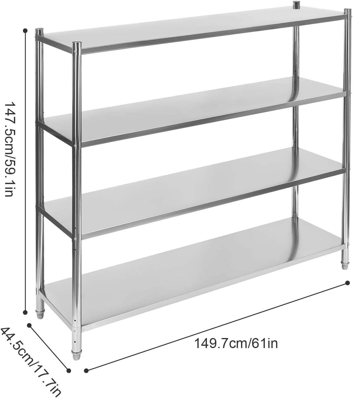 BRAND, CATEGORY, DYNAMI, UTILITY SHELVES, DYNAMI 4-Tier Stainless Steel Shelving, Adjustable Height Stainless Steel Storage Shelf Industrial Storage Rack,Load 330lb Per Shelf,for Kitchen Office Garage (4-Tier,58in W x 17.5in D x 58in H)