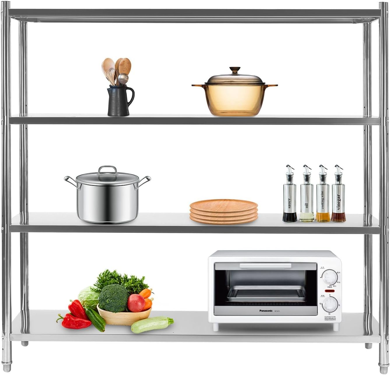 BRAND, CATEGORY, STORAGE RACKS, VINTORO, Stainless Steel Shelving Organizer, 4 Tiers Adjustable Shelf Storage, Freestanding Heavy Duty Pantry Shelving Unit, 59.1 * 17.7 * 61in, for Kitchen Office Garage, Storage 132.25lbs Per Shelf