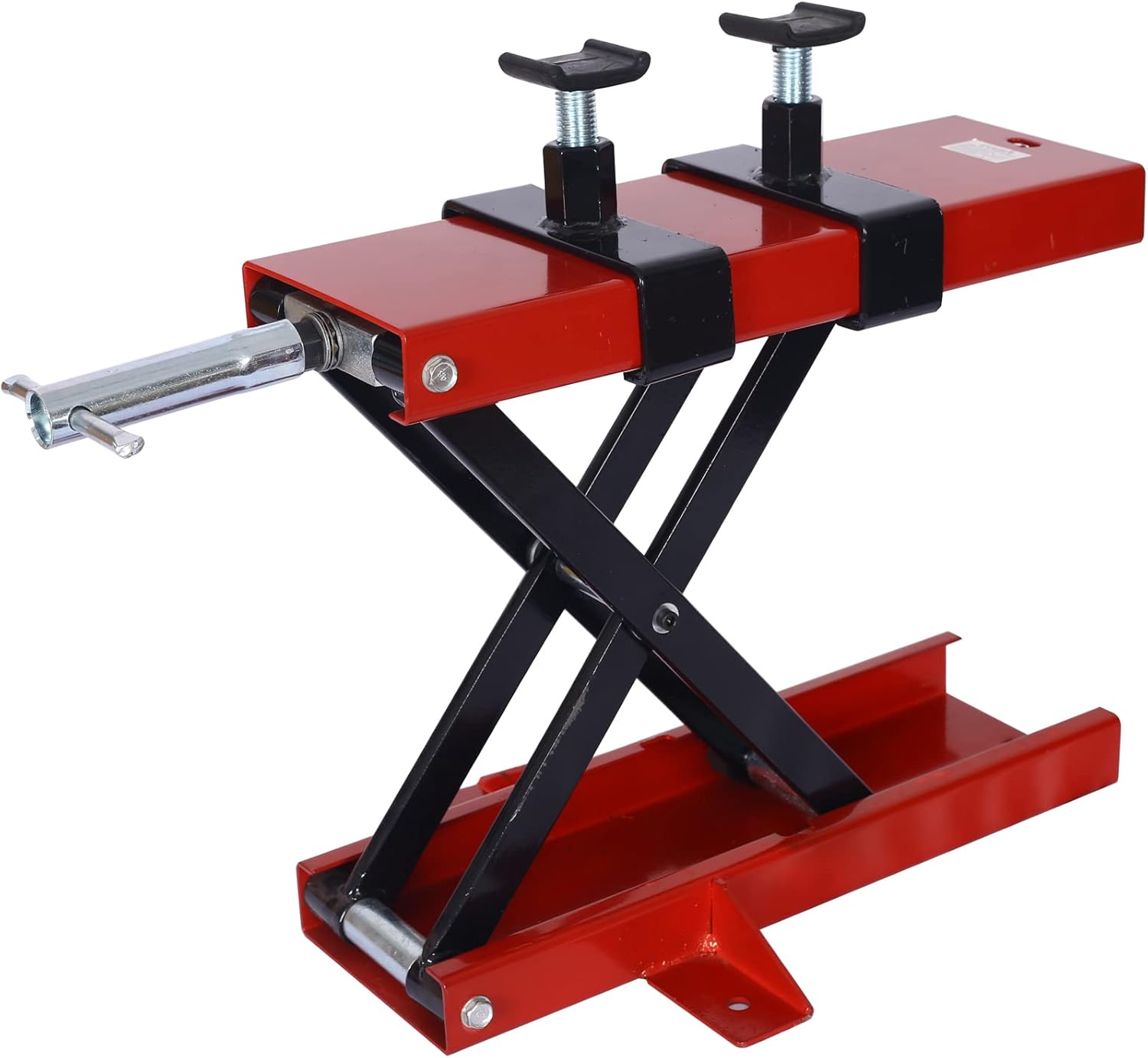 BRAND, CATEGORY, FLOOR JACKS, TZOU, Steel Motorcycle Scissor Lift Jack 1100 Lbs Capacity Crank Stand Jack Tool for Motorcycle Repair Maintenance Center Scissor Lift Jack Hoist Stand with Saddle and Safety Pins